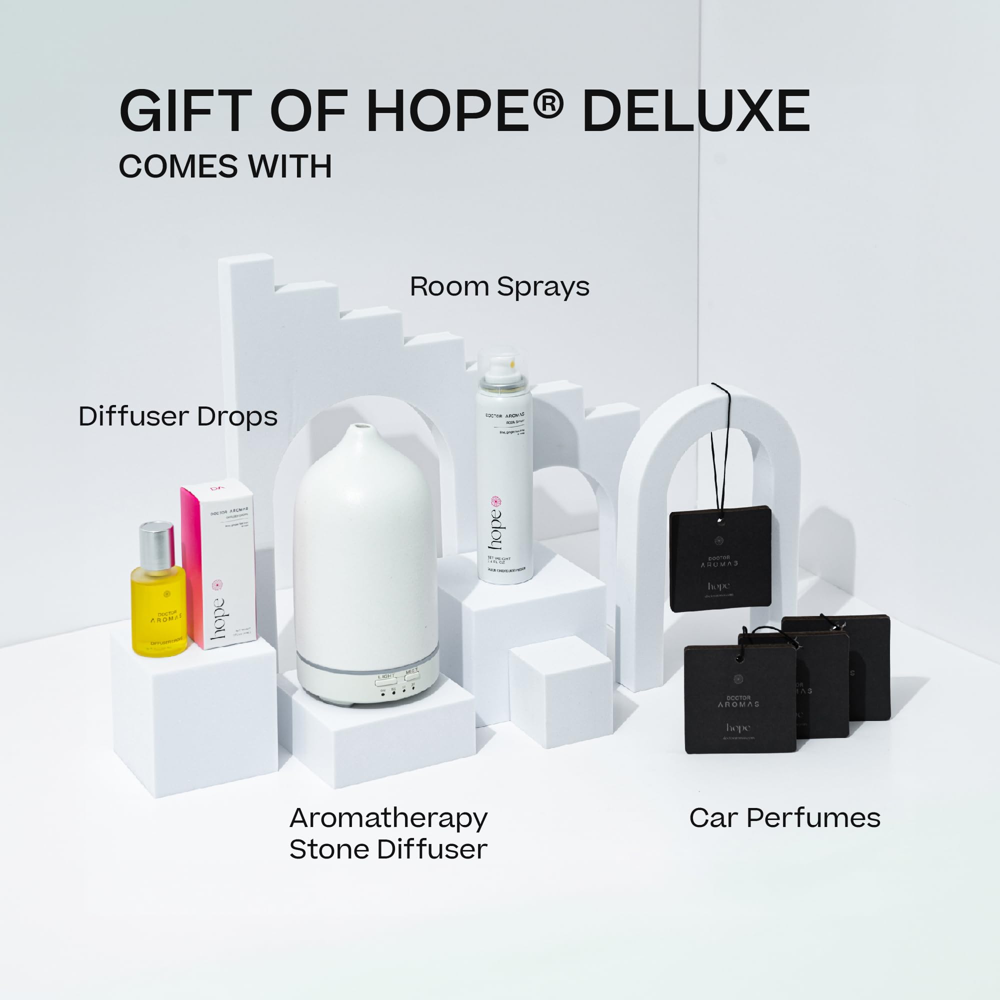 Doctor Aromas Hope Essential Oil Set - Reed Diffuser, Room Spray & 4 Car Fresheners | Natural Aromatherapy Gift for Home, Office & Car | Stress Relief & Air Purifying Scented Decor