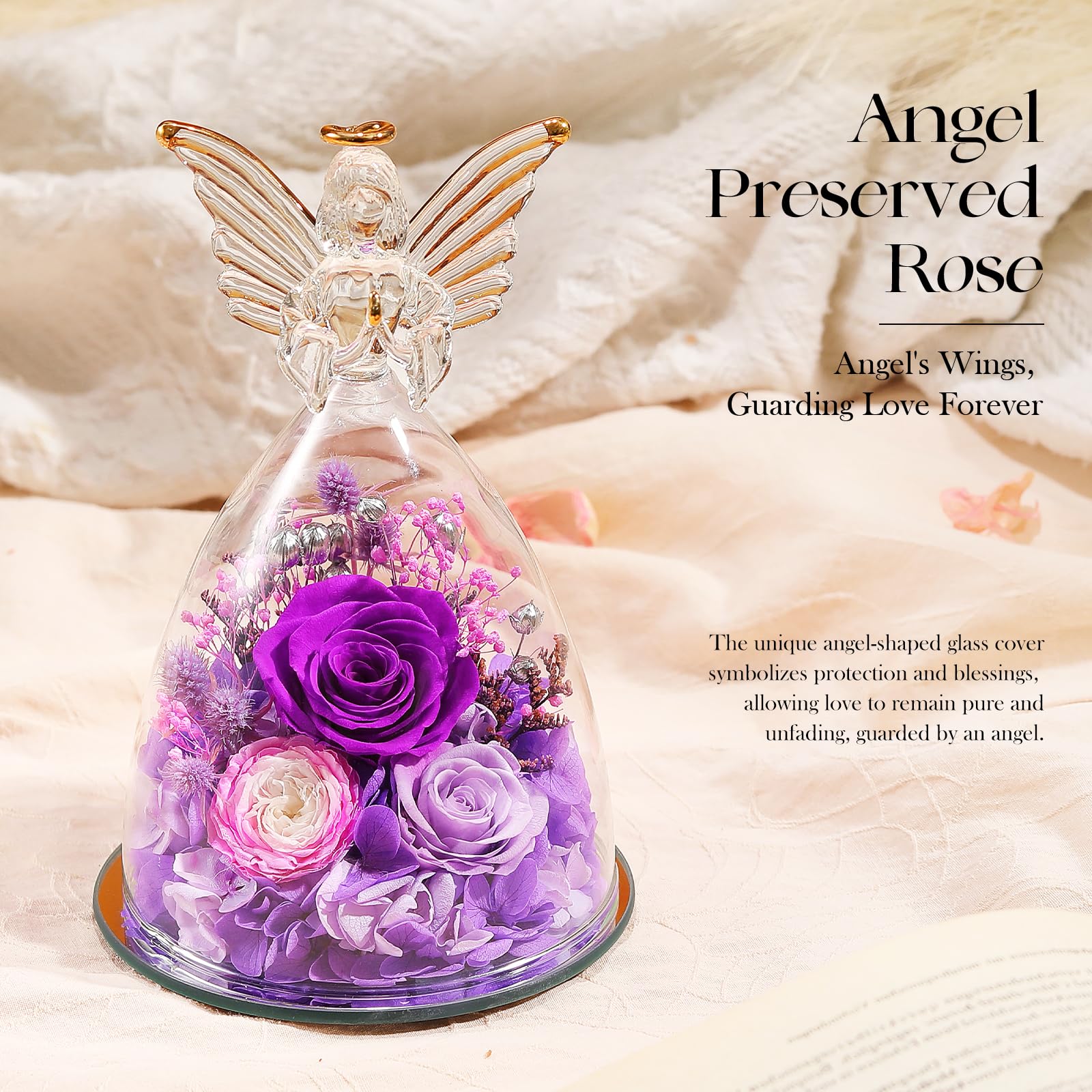 Angel Roses Preserved Real Flowers in Glass Figurine - Unique Mother's Day, Birthday Gift for Mom, Grandma, Wife & Mother-in-Law | Home Decor, Wedding Centerpiece, Romantic Keepsake