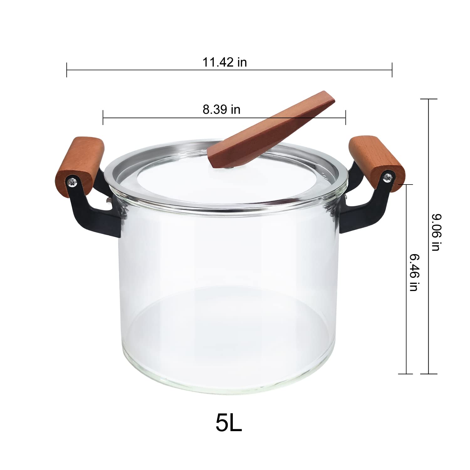 **ABHOME 5L Clear Glass Saucepan with Lid - Heat Resistant Stovetop Pot with Wooden Handles for Cooking Pasta, Milk & Baby Food - Perfect for Home Kitchen, Meal Prep & Healthy Cooking**