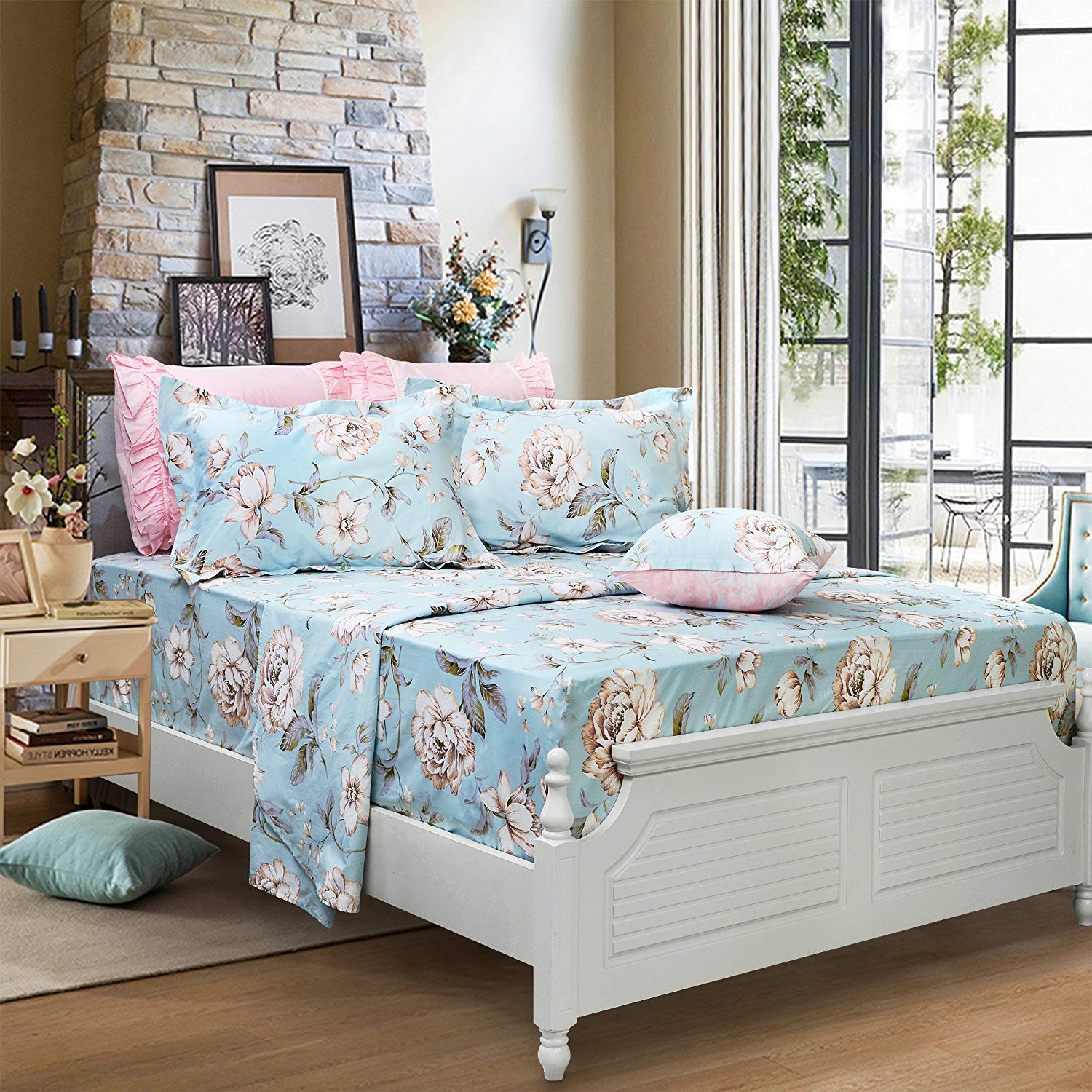 FADFAY Shabby Floral Bed Sheet Set California King - 100% Cotton Farmhouse Style Bedding Set (4 Piece: Flat Sheet, Fitted Sheet & 2 Pillowcases) for Cozy Bedroom Decor & Guest Room Upgrade