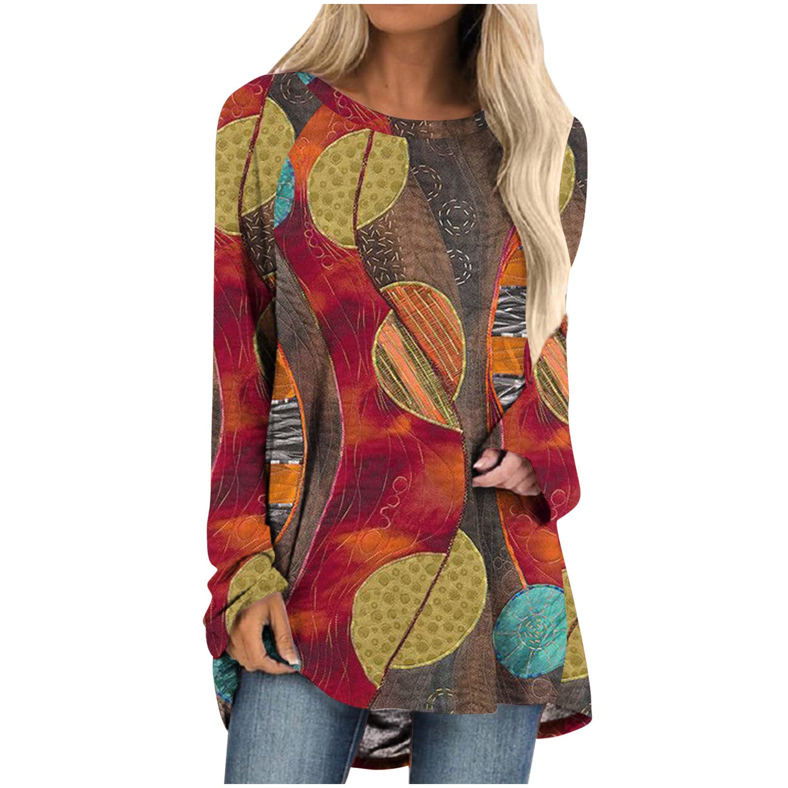 Women's Vintage Print Long Sleeve Crewneck T-Shirts - Casual Loose Fit Blouse Tops for Fall | Trendy Tunic Style for Leggings & Everyday Wear