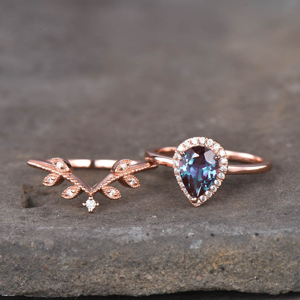 Vintage Pear Shaped Alexandrite Engagement Ring Set with Leaf Diamond Accents - 2 Piece Bridal Jewelry Set for Wedding, Proposal & Anniversary Gifts