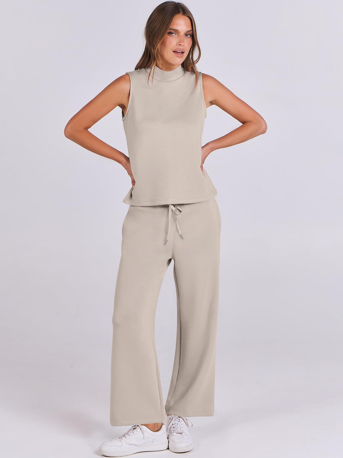 ANRABESS Women's 2-Piece Lounge Set - Summer Mock Neck Top & Wide Leg Pants Casual Outfit | Comfortable Travel Clothes & Home Wear | 2024 Fashion Tracksuit for Vacation, Yoga, and Relaxation