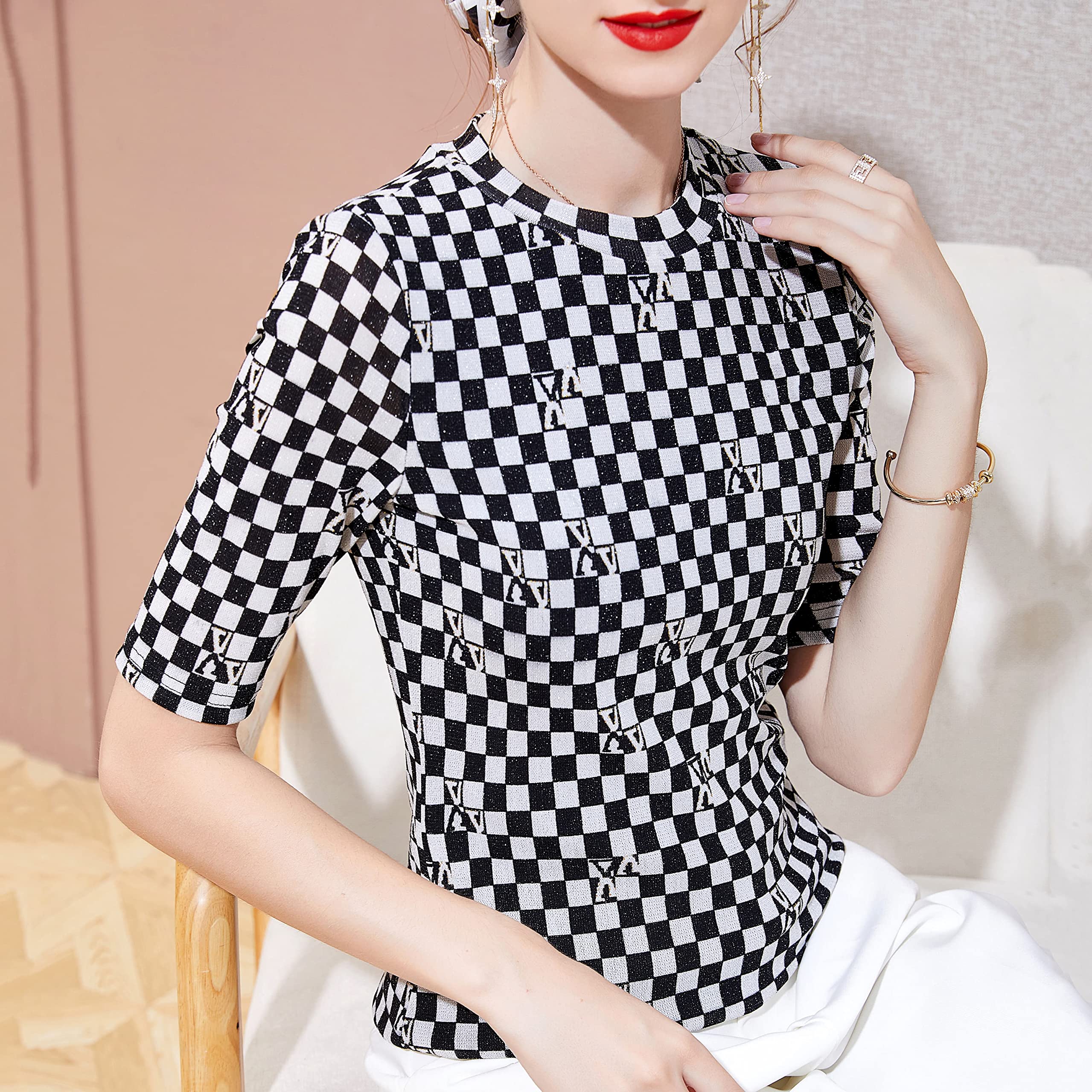 Stylish Women's Plaid Mesh Tops - Summer Short Sleeve Crewneck Stretchy Blouse with Patchwork Print - Soft & Elegant Work Shirt for Office, Dating & Casual Outings