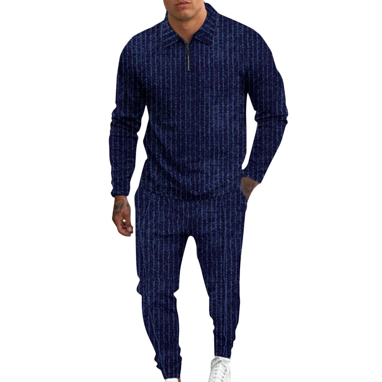 Men's Casual Stripe 2-Piece Outfit - Zipper Collar Blouse & Drawstring Pocket Pants Set | Comfortable Tan Suits for Work, Travel & Everyday Wear