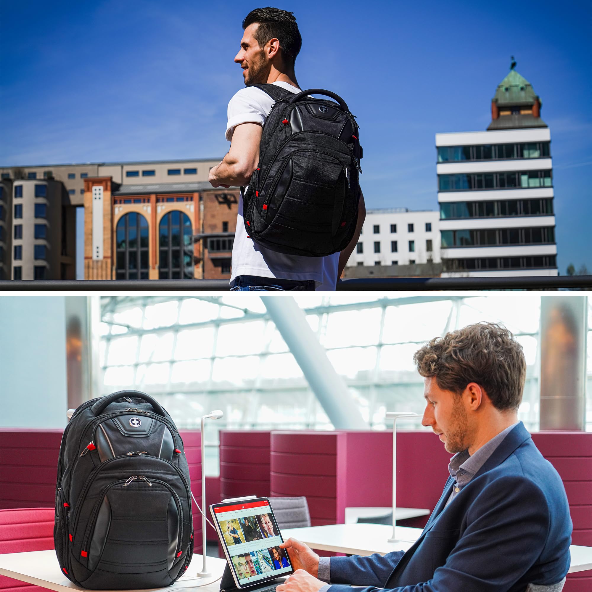 Swissdigital CIRCUIT Men's Laptop Backpack - USB Charging Port & RFID Protection - Fits 15.6 Inch Laptops - College, Business & Travel Backpack - Black (J14-BR) | Perfect for Work Commute, School & Airplane Carry-On