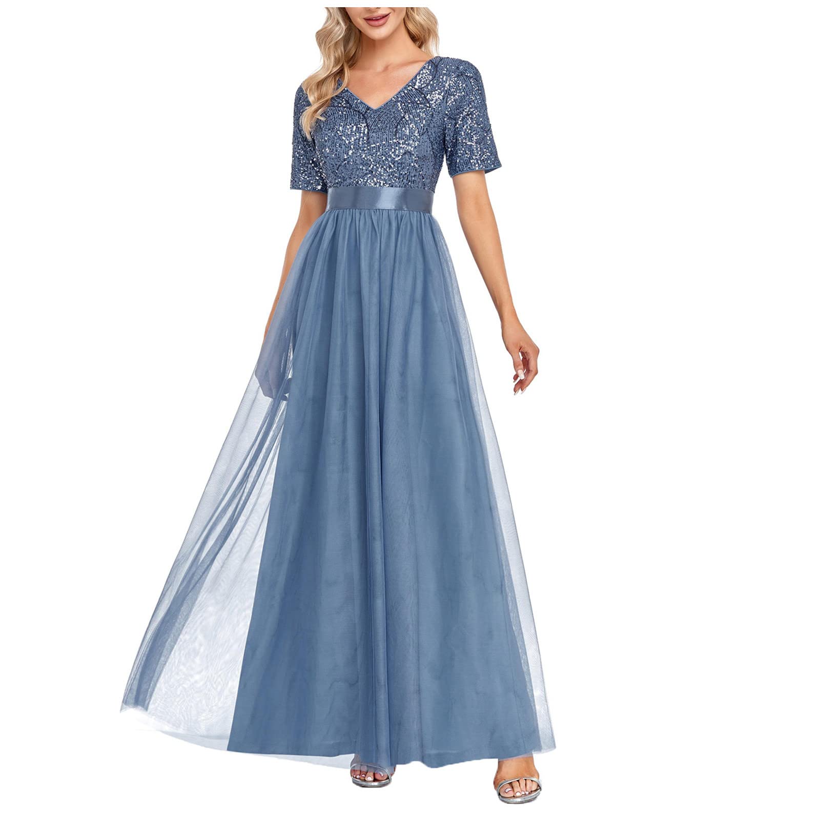 Elegant Women's Empire Waist Formal Evening Gown - Sleeveless Sequin Tulle Maxi Dress for Wedding Guest, Bridesmaid, Prom & Special Occasions