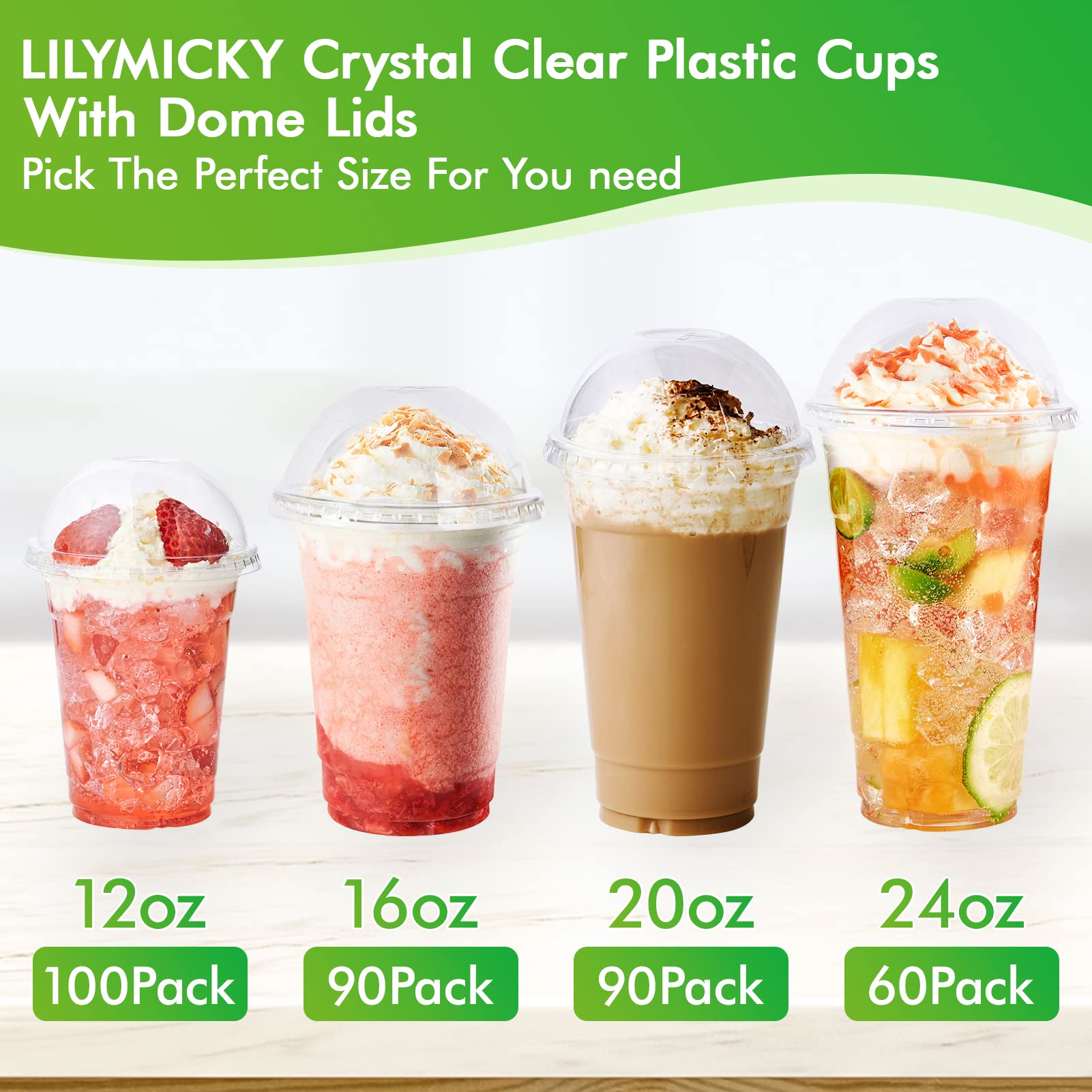 Lilymicky 60-Pack 24 oz Clear Plastic Cups with Dome Lids - Disposable Drinking Cups for Ice Coffee, Smoothies, Frappuccino, Bubble Tea - Perfect for Parties, Cafes, and Takeout Drinks