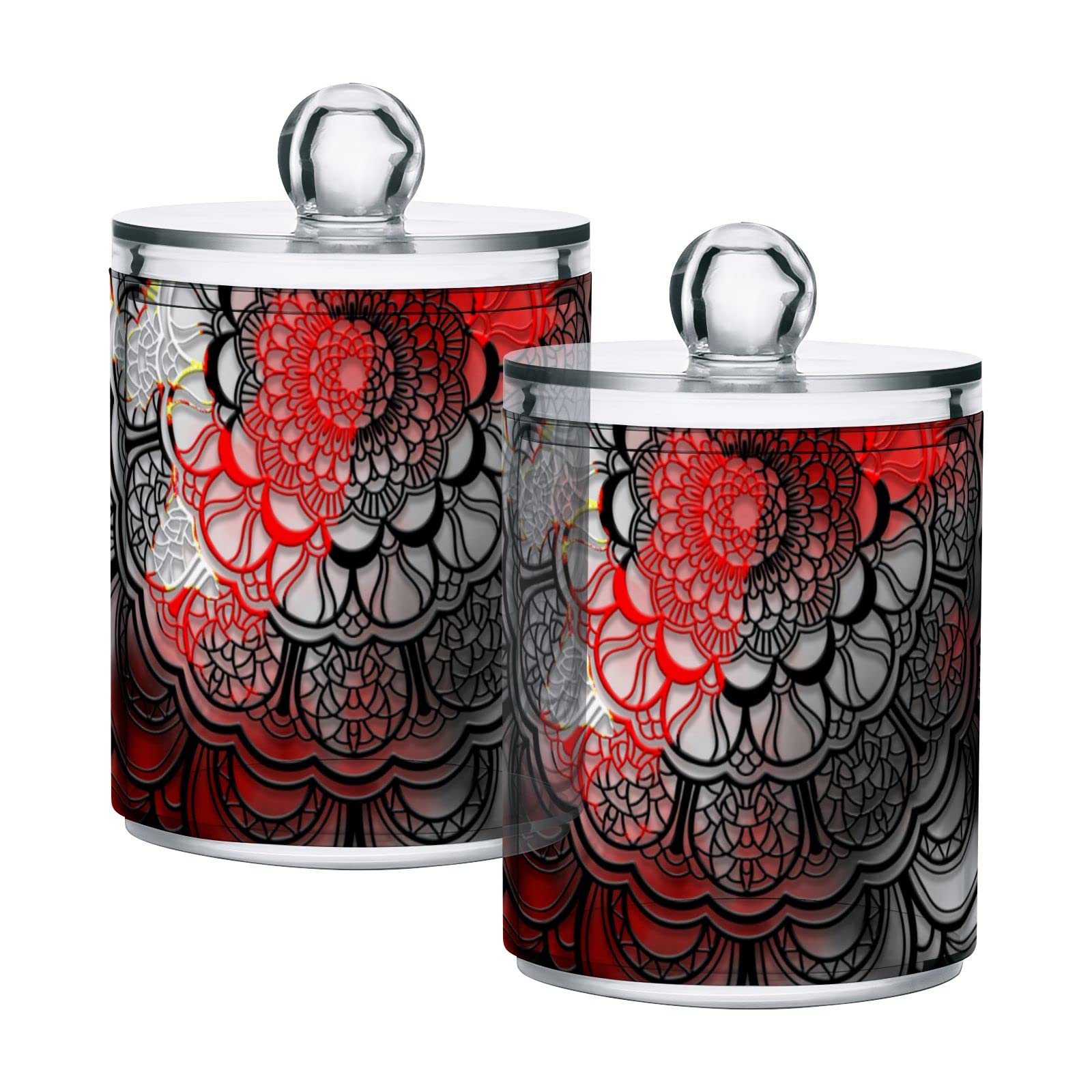 Abstract Mandala Geometric Red Black Grey Flower Plastic Storage Jars with Lids - Set of 2, 10 oz Translucent Food Containers for Cotton Swabs, Tea, Cookies | Perfect for Pantry Organization, Bathroom Storage & Kitchen Canning