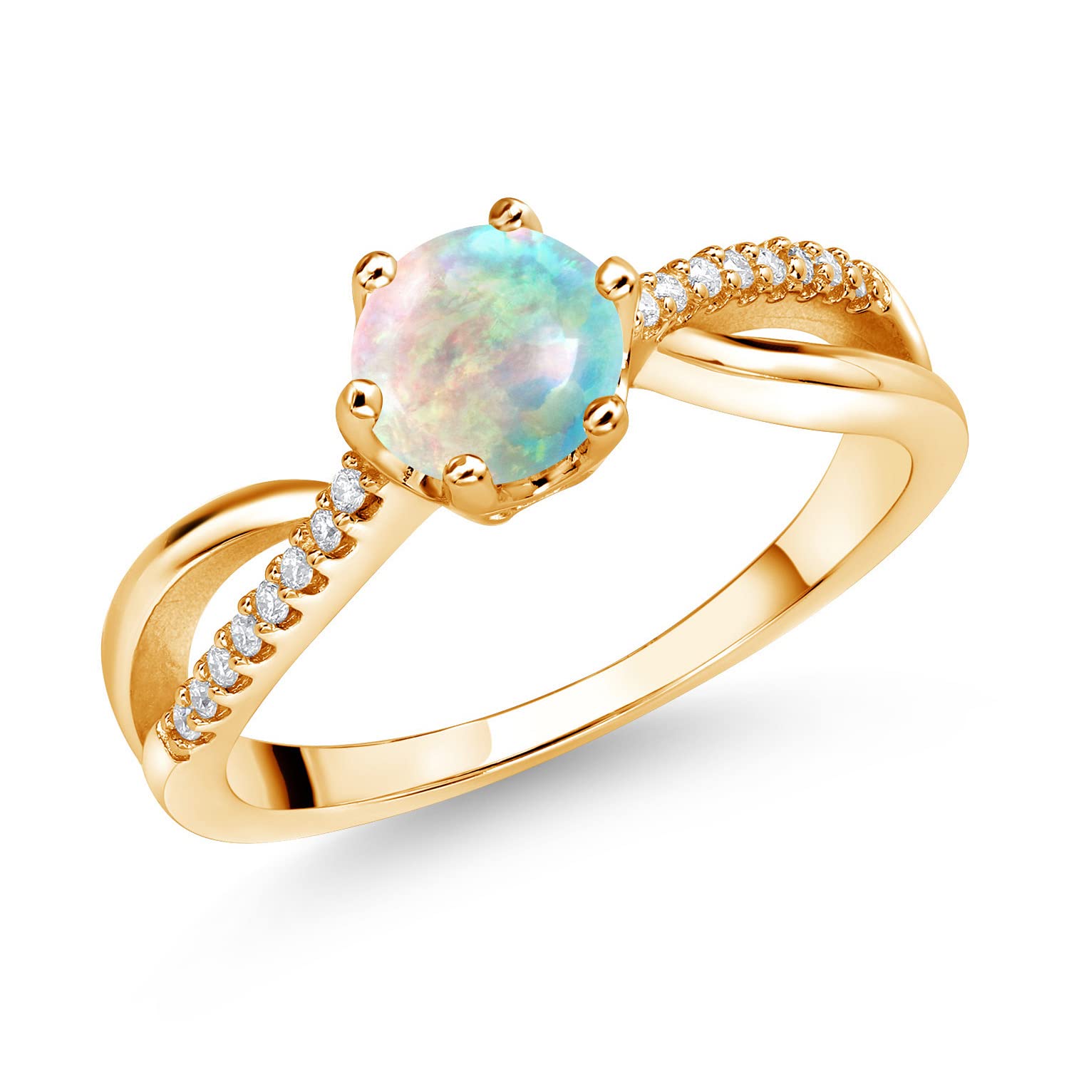 18K Yellow Gold Plated Silver Ring with Round Cabochon Simulated Opal & Moissanite (1.08 CTTW) - Elegant Jewelry for Women, Perfect for Weddings, Anniversaries & Special Occasions