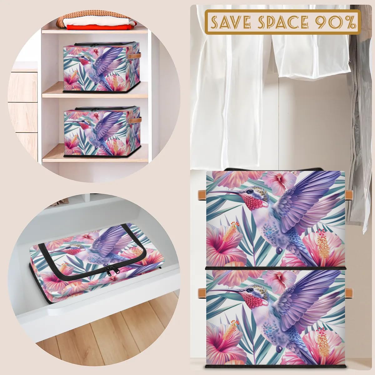 Waterproof Hummingbird Storage Boxes with Sturdy Handles - 2 Pack Zippered Storage Bins for Clothes, Toys & Home Organization | Perfect for Bedroom, Nursery & Closet Storage
