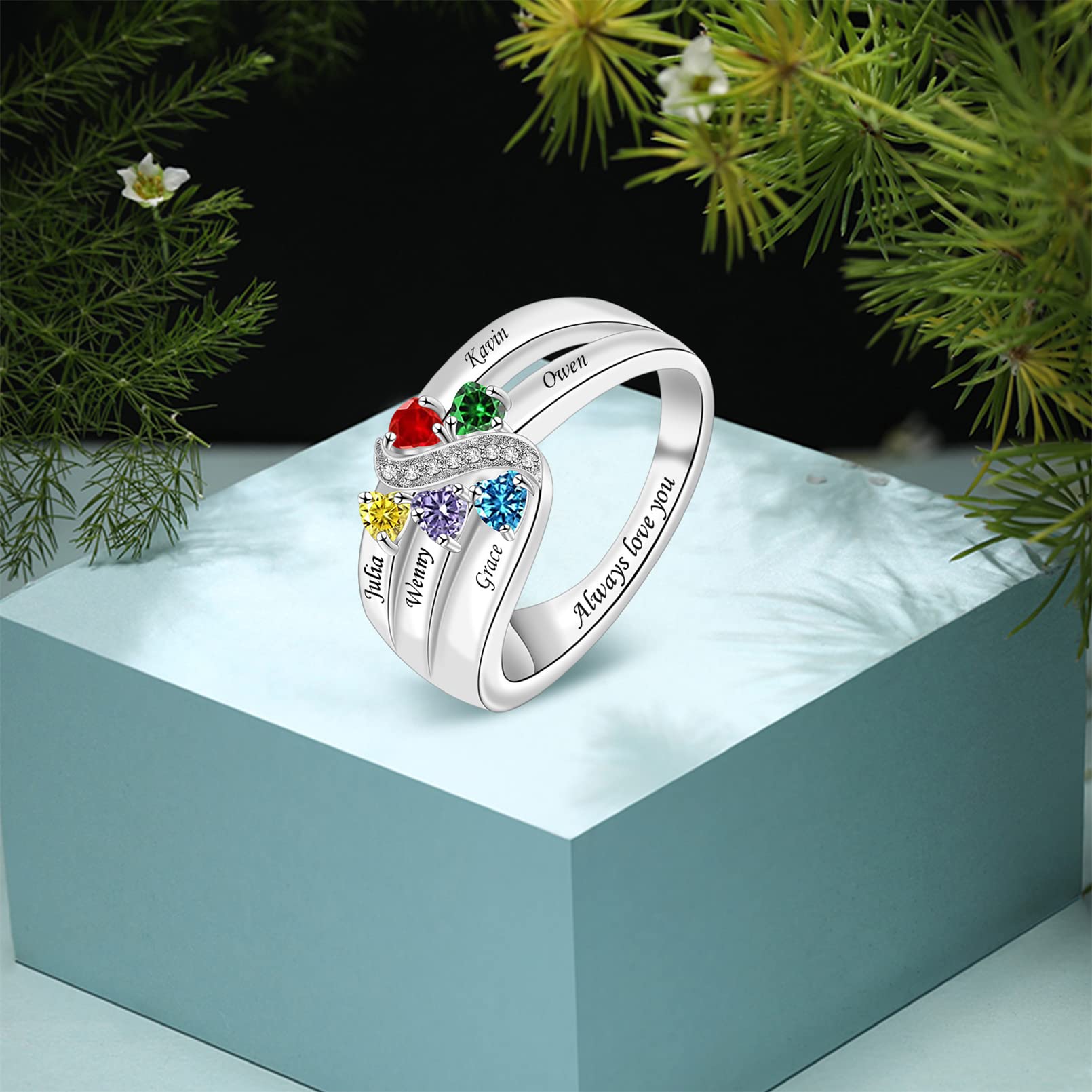 Personalized Mothers Ring with 1-6 Birthstones | 925 Sterling Silver Custom Engraved Mom Ring | Family Jewelry Gift for Women, Wife, Grandma | Perfect for Mother's Day, Birthday, Anniversary & Special Occasions