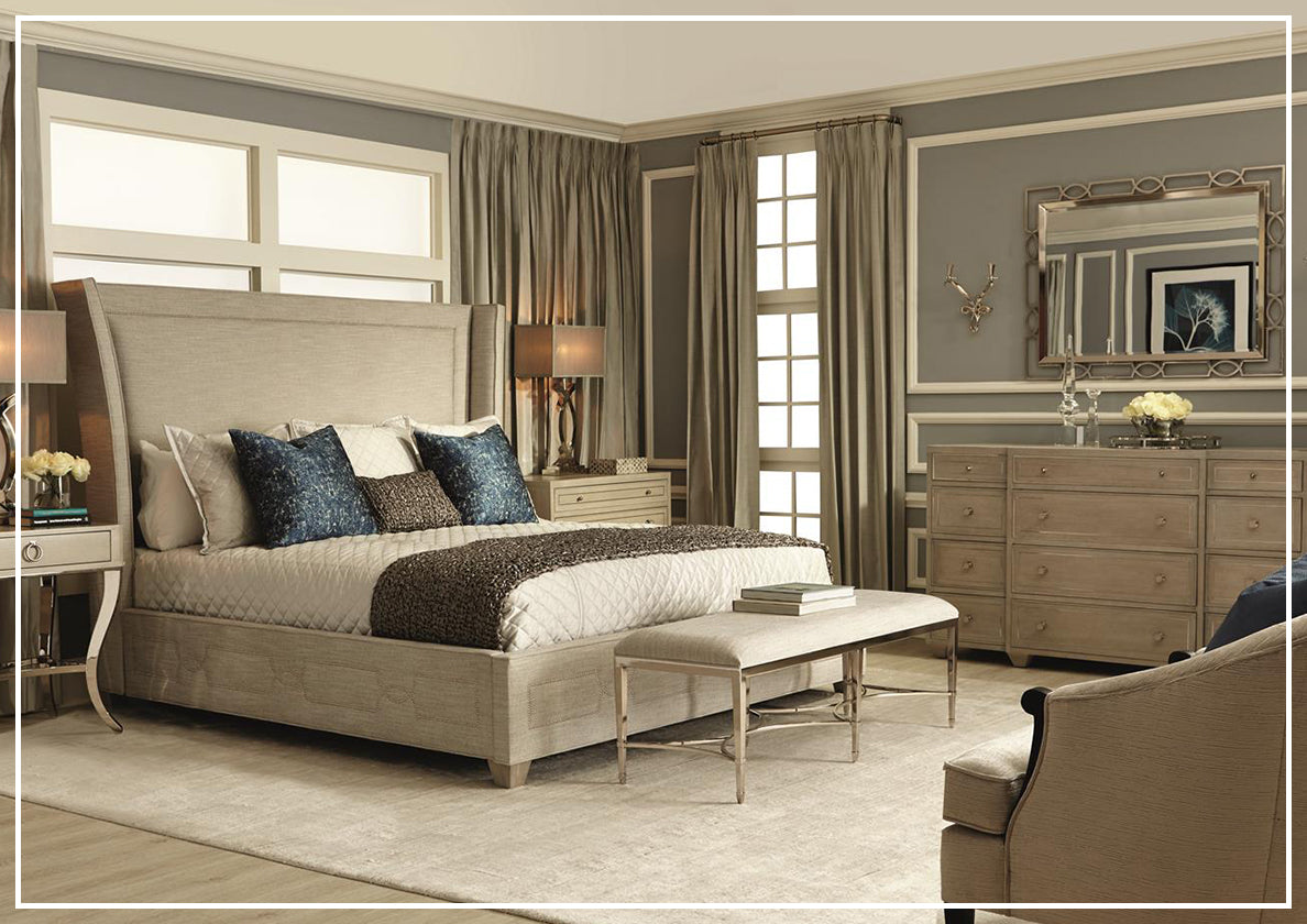 Bernhardt Criteria Shelter Olive Grey Upholstered King Size Bed Frame - Luxurious Modern Bedroom Furniture for Master Suite & Guest Room Decor