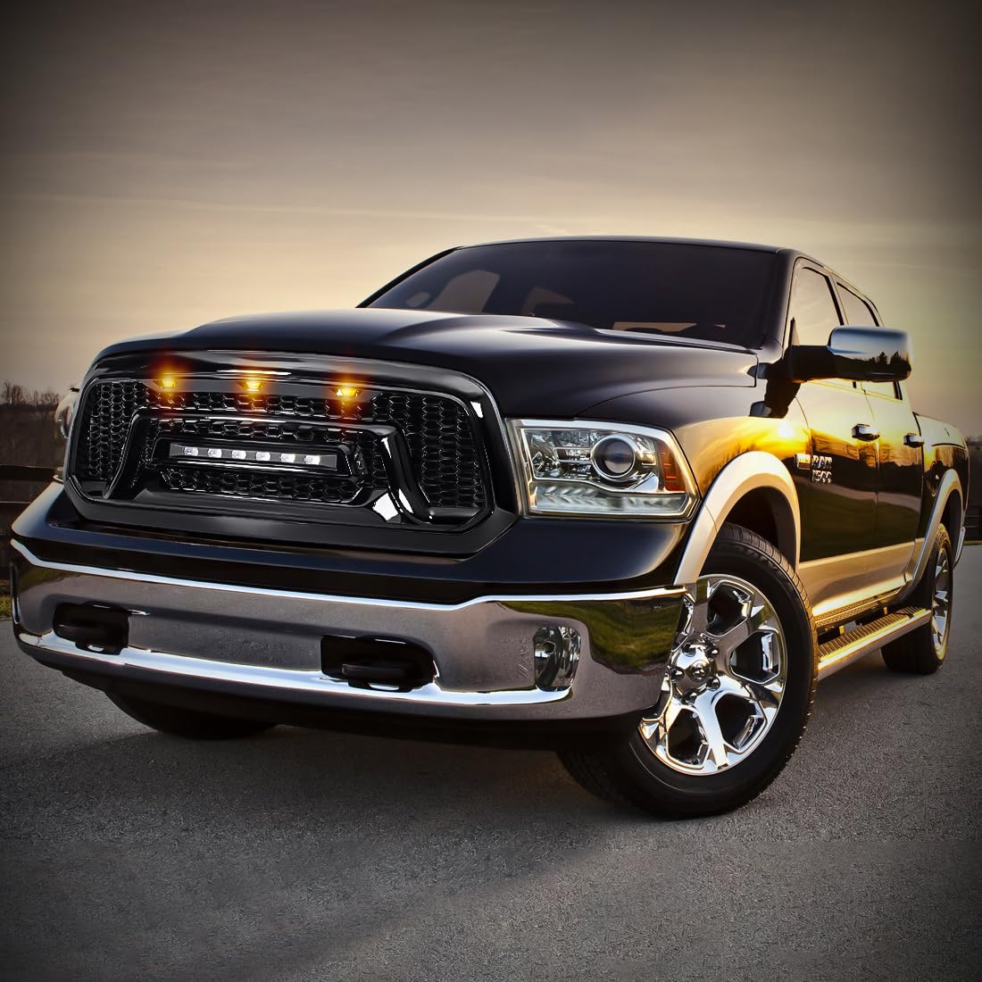 Glossy Black Front Bumper Grill Compatible with 2013-2023 Dodge Ram 1500 & Ram 1500 Classic | Off-Road Ready LED Light Bar | Perfect for Truck Upgrades & Off-Road Adventures