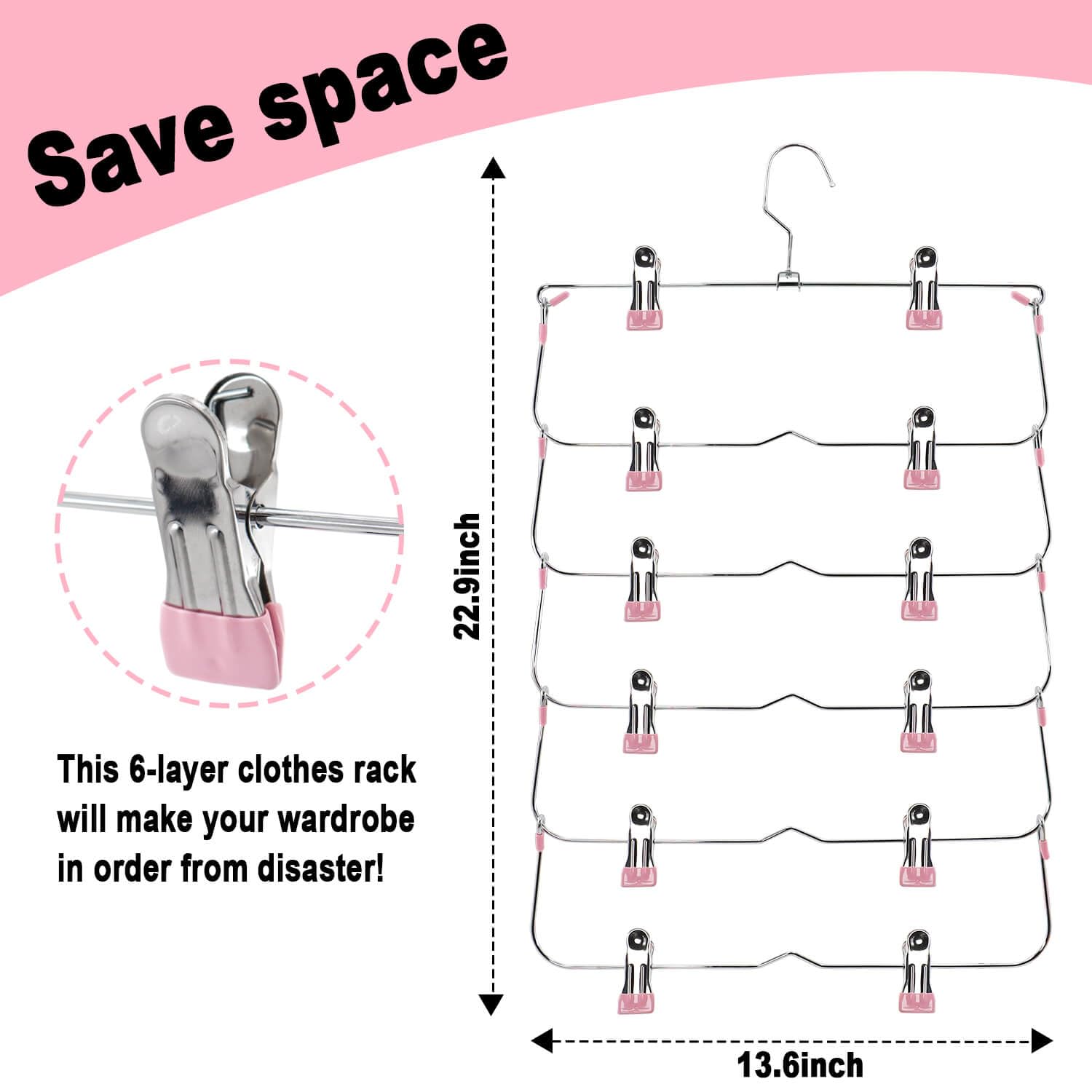 6-Tier Metal Skirt Pants Hangers with Clips - Space Saving Non-Slip Closet Organizer for Shorts, Skirts & Clothes (2 Pack, Pink) - Perfect for Wardrobe Organization & Small Closet Storage