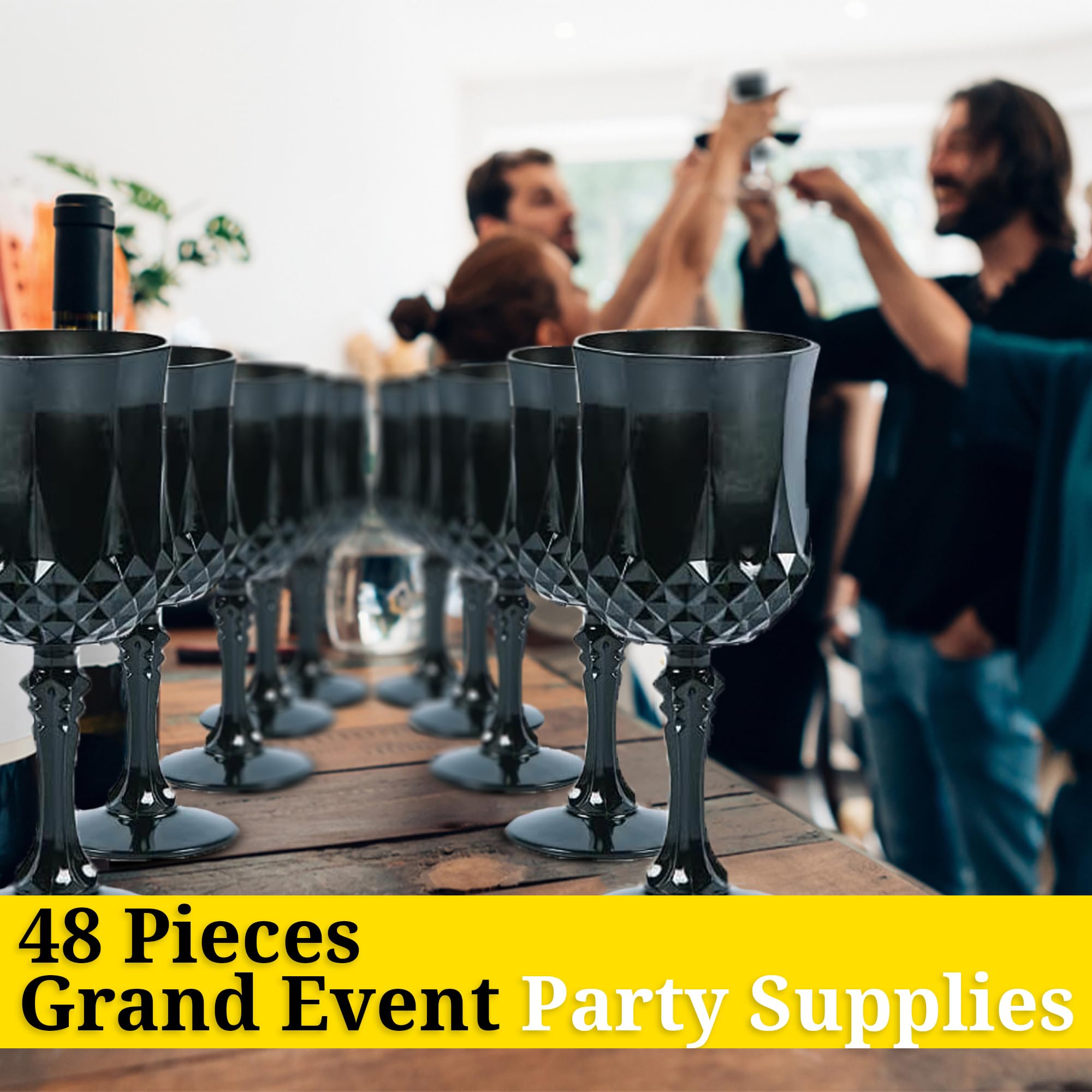 48-Pack Black Patterned Plastic Wine Glasses for Wedding, Reception & Party Events - Elegant Disposable Cups for Grand Celebrations, Bridal Showers & Banquets