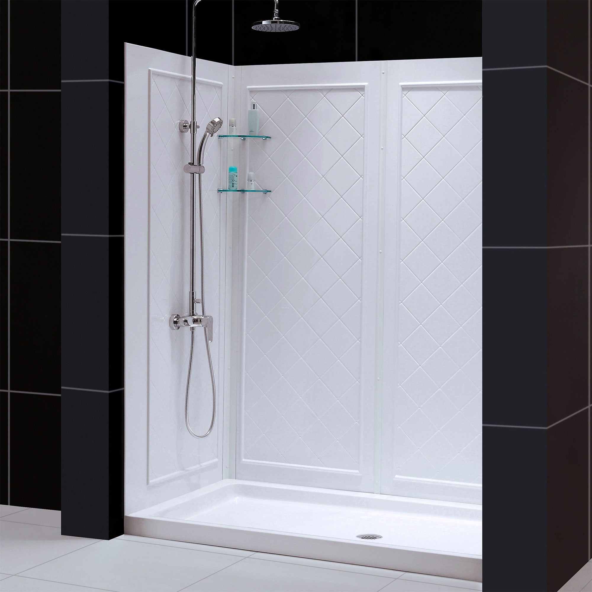 DreamLine 32 in. D x 60 in. W x 76 3/4 in. H Center Drain Acrylic Shower Base and QWALL 5 Backwall Kit In White