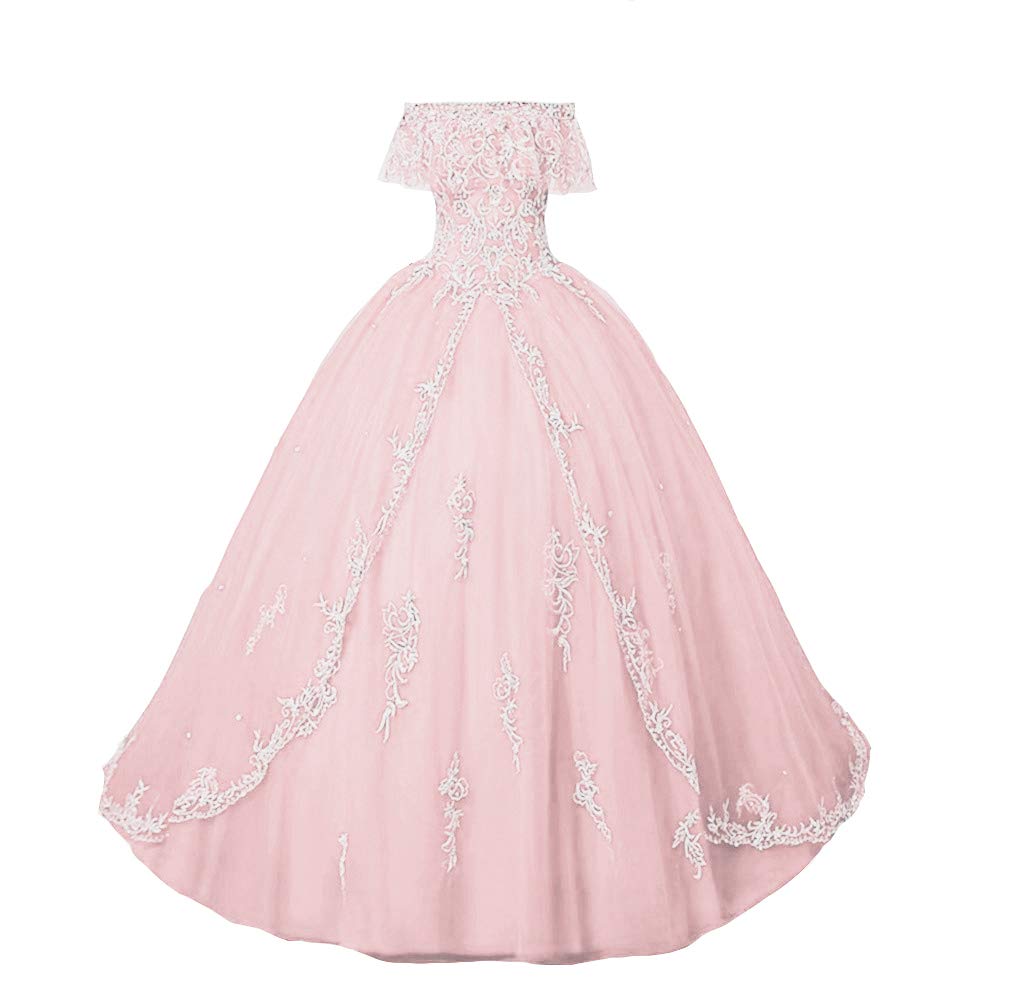 Emanni Women's Light Pink Lace Applique Beaded Crystal Sweet 16 Quinceanera Dress - Perfect for Quinceañera Celebrations, Sweet 16 Parties & Formal Events