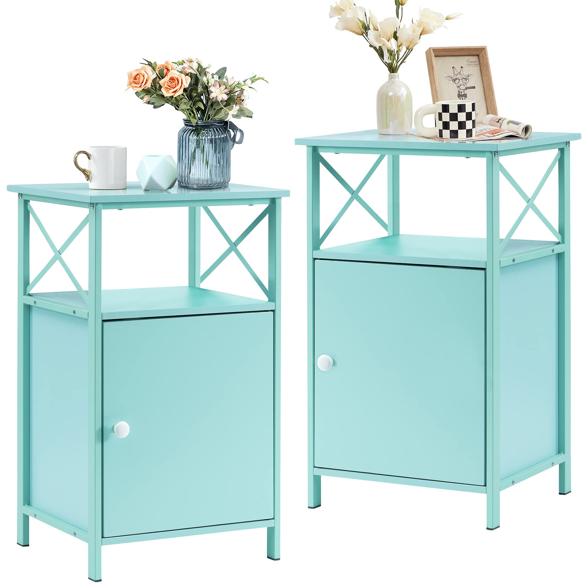 VECELO Tall End Side Table with Storage Cabinet - Large Capacity Nightstand for Bedroom, Living Room, Office - Easy Assembly Set of 2 in Teal - Perfect for Small Spaces, Apartment Decor & Guest Room Furniture