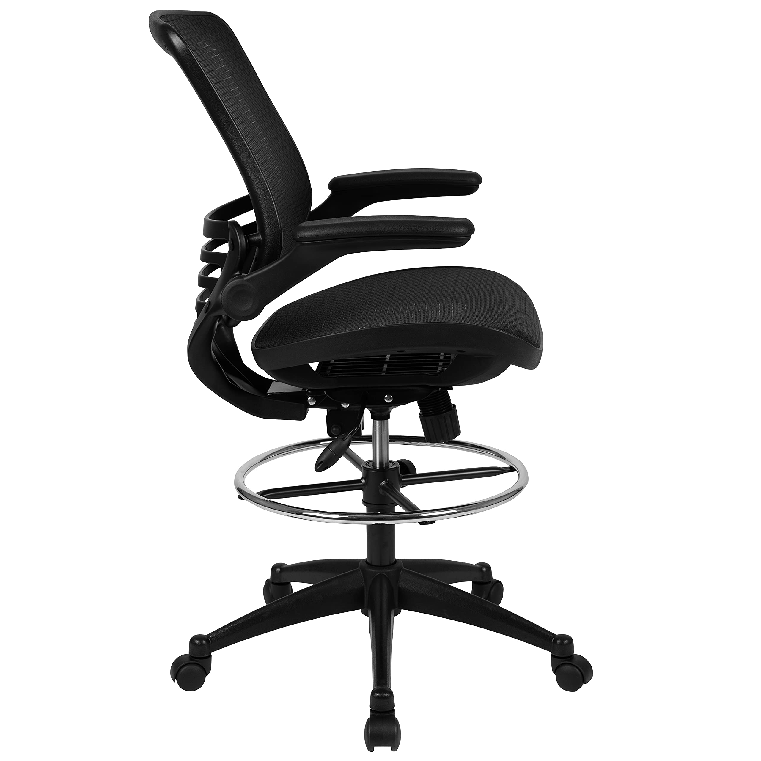 EMMA + OLIVER Black Mesh Drafting Chair with Flip-Up Arms - Ergonomic Mid-Back Office Chair for Architects & Designers - Perfect for Home Office, Studio, and Drafting Table Workspaces