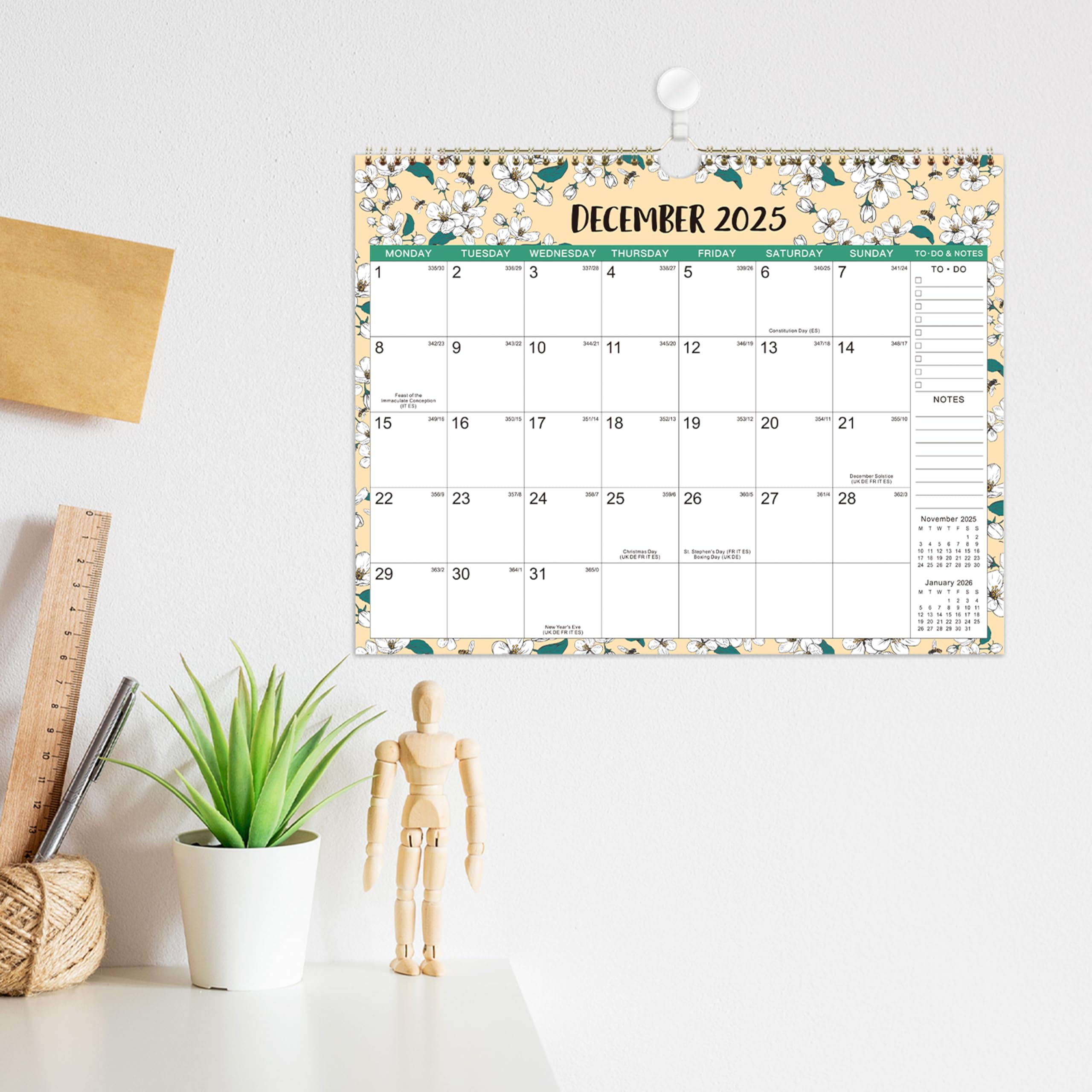 2025-2026 Wall Calendar with Thick Paper - 37 x 29 cm Large Format, July 2025 to December 2026, Twin-Wire Binding with Hanging Hook, Colorful Ruled Blocks - Perfect for Home, Office, School & Gift Giving