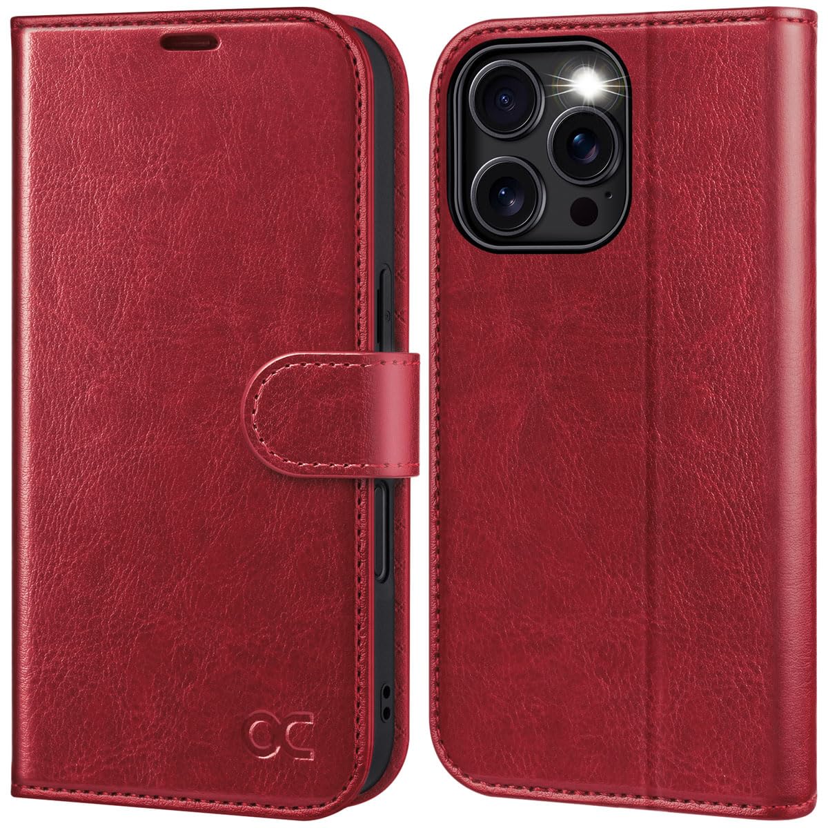 OCASE iPhone 16 Pro Wallet Case (6.3 Inch 2024) - PU Leather Flip Folio Cover with Card Slots, RFID Blocking & Kickstand | Shockproof TPU Inner Shell | Perfect for Business Travel & Daily Use (Red)