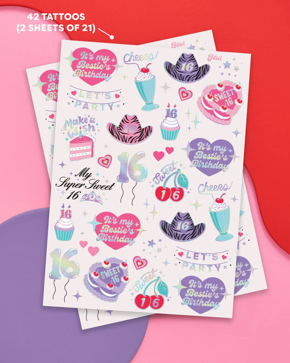 Fetti Sweet 16 Birthday Temporary Tattoos - 42 Metallic Styles for 16th Birthday Party Decorations | Bday Girl Gift, Sweet Sixteen Party Favors, Goodie Bag Fillers | Perfect for Birthday Celebrations, Teen Parties & Special Occasions