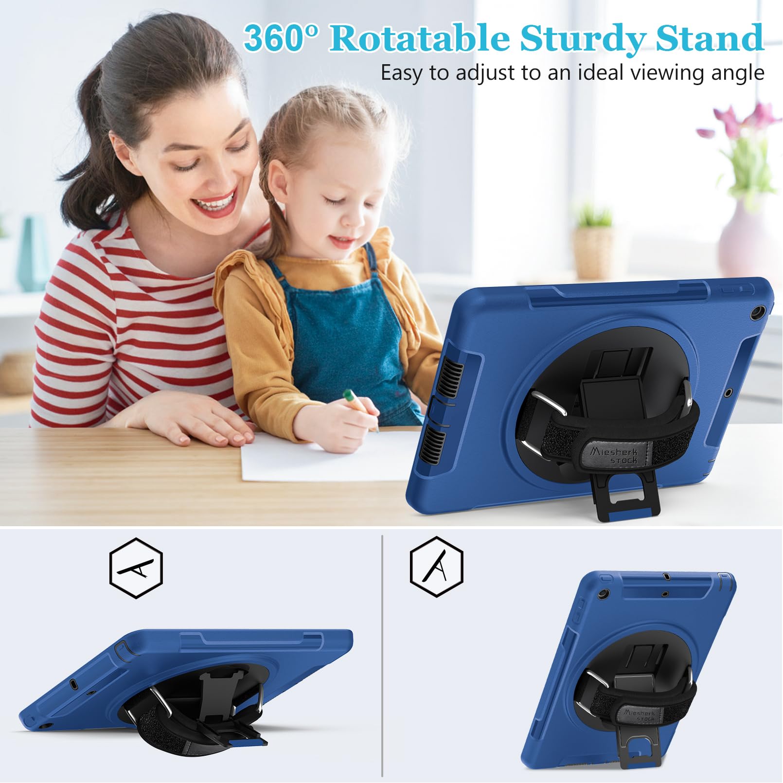 Premium Shockproof iPad Case for iPad 6th/5th Gen & iPad Air 2 (9.7 Inch 2018/2017 Models) - Lightweight TPU Protective Cover with Stand, Handle, Shoulder Strap & Apple Pencil Holder - Perfect for Work, Travel & School - Blue