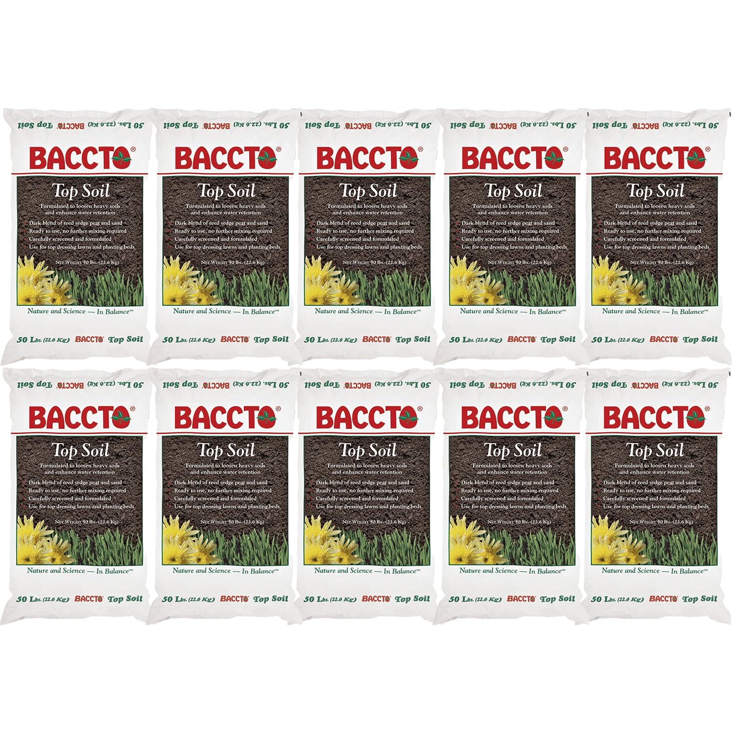 Premium 1550P Baccto Topsoil - 50lb (10 Pack) for Lawns, Gardens & Raised Beds | Reed Sedge, Peat & Sand Mix | Ideal for Landscaping, Vegetable Planting & Flower Beds