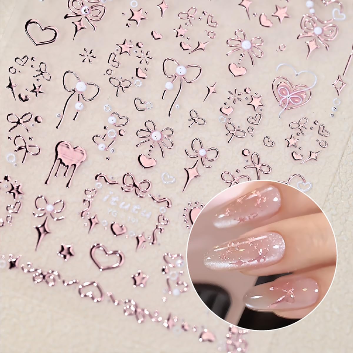 5D Embossed Rose Gold Heart Nail Art Stickers - Self-Adhesive Valentine's Day Nail Decals with Cute Bow Design for Women | Perfect for Manicure, Nail Salon, Bridal Party & Valentine's Gift