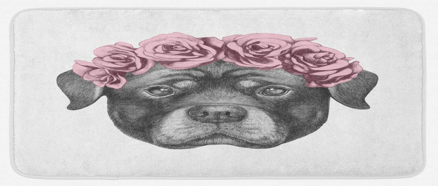 Ambesonne Non-Slip Plush Kitchen Mat - Rottweiler Dog Portrait with Rose Wreath Design, 47
