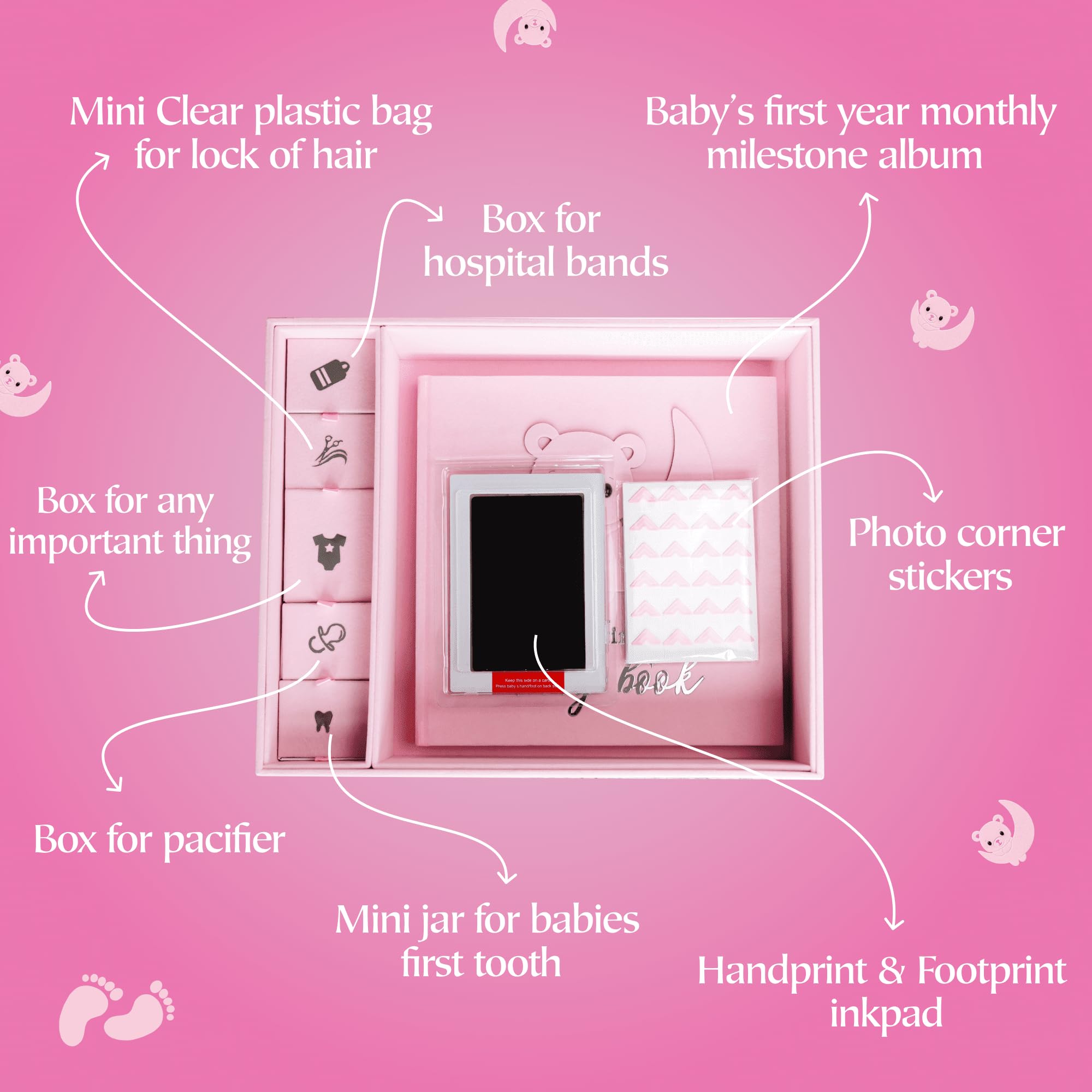 Handmade Baby Memory Book & Photo Album with Keepsake Box - Newborn First Year Scrapbook, Footprint Kit Included - Perfect for Baby Shower Gifts & Milestone Tracking (Teddy Bear Girl, Pink)