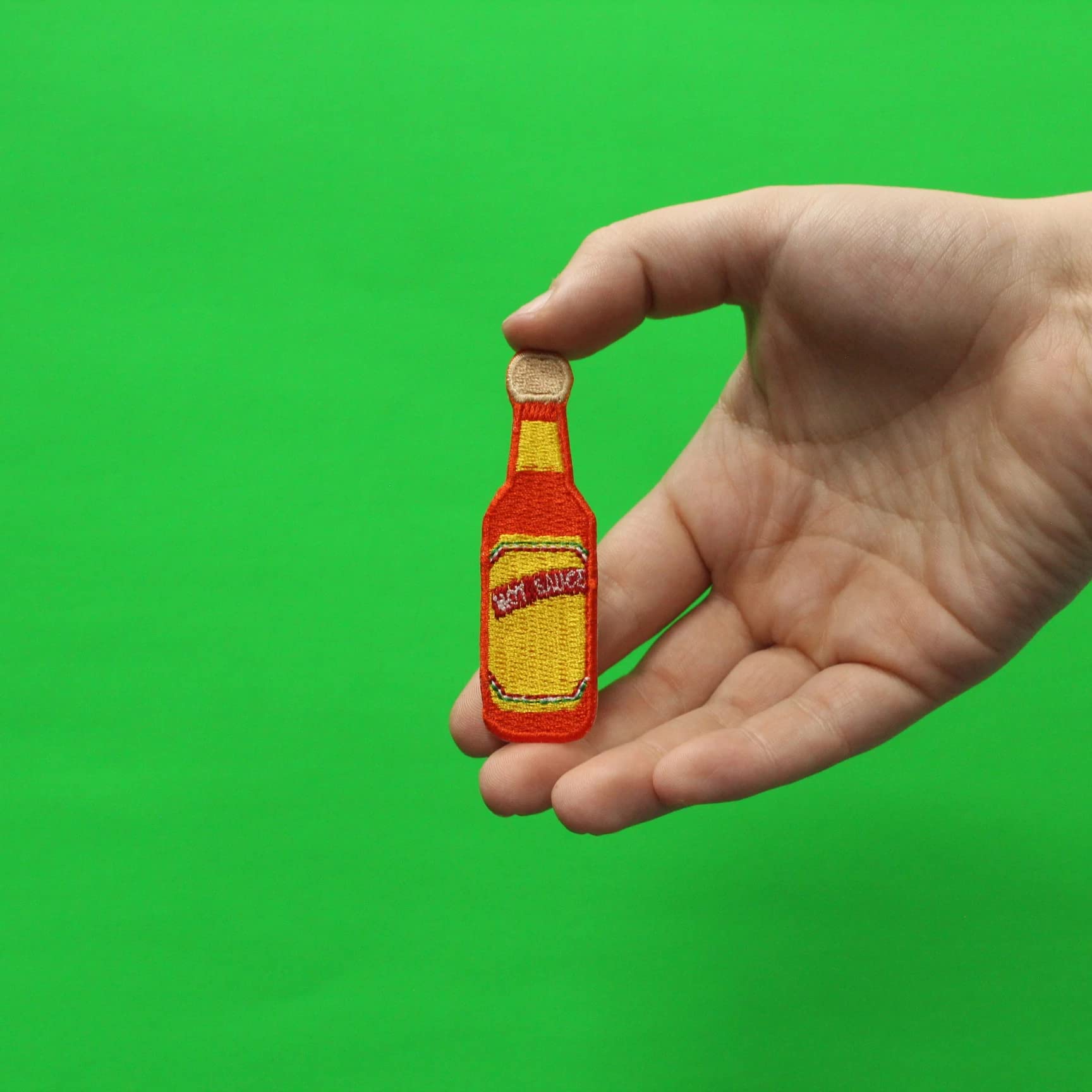 Spicy Hot Sauce Orange Bottle with Wooden Cap - Iron On Embroidered Patch for Jackets, Bags & DIY Crafts