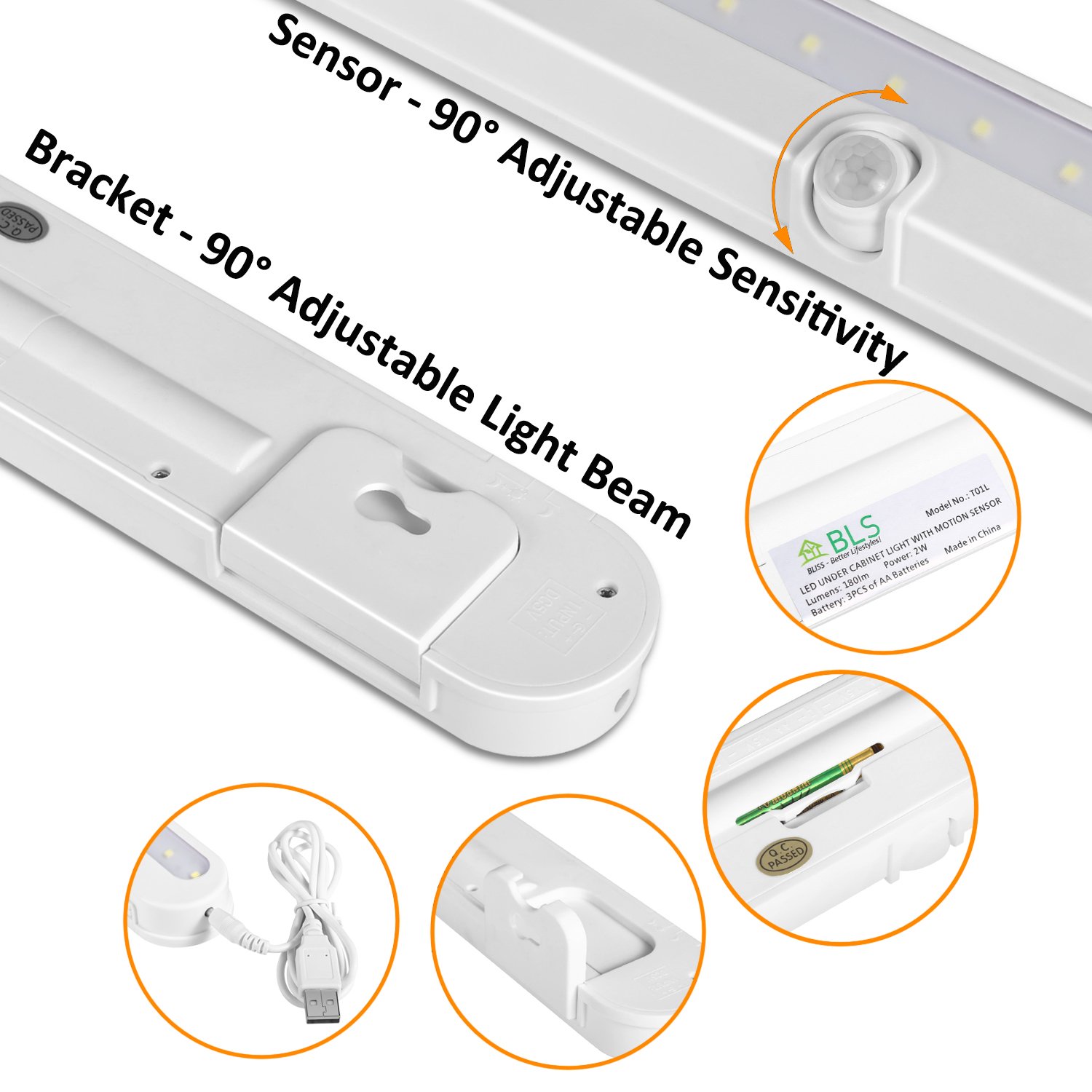 BLS T01L LED Closet Light - 20 Super Bright LEDs, Wireless Motion Sensor Light with Auto On/Off, Adjustable Light Beam - Battery/DC Powered Under Cabinet Lighting for Kitchen, Wardrobe, Pantry, Garage Storage