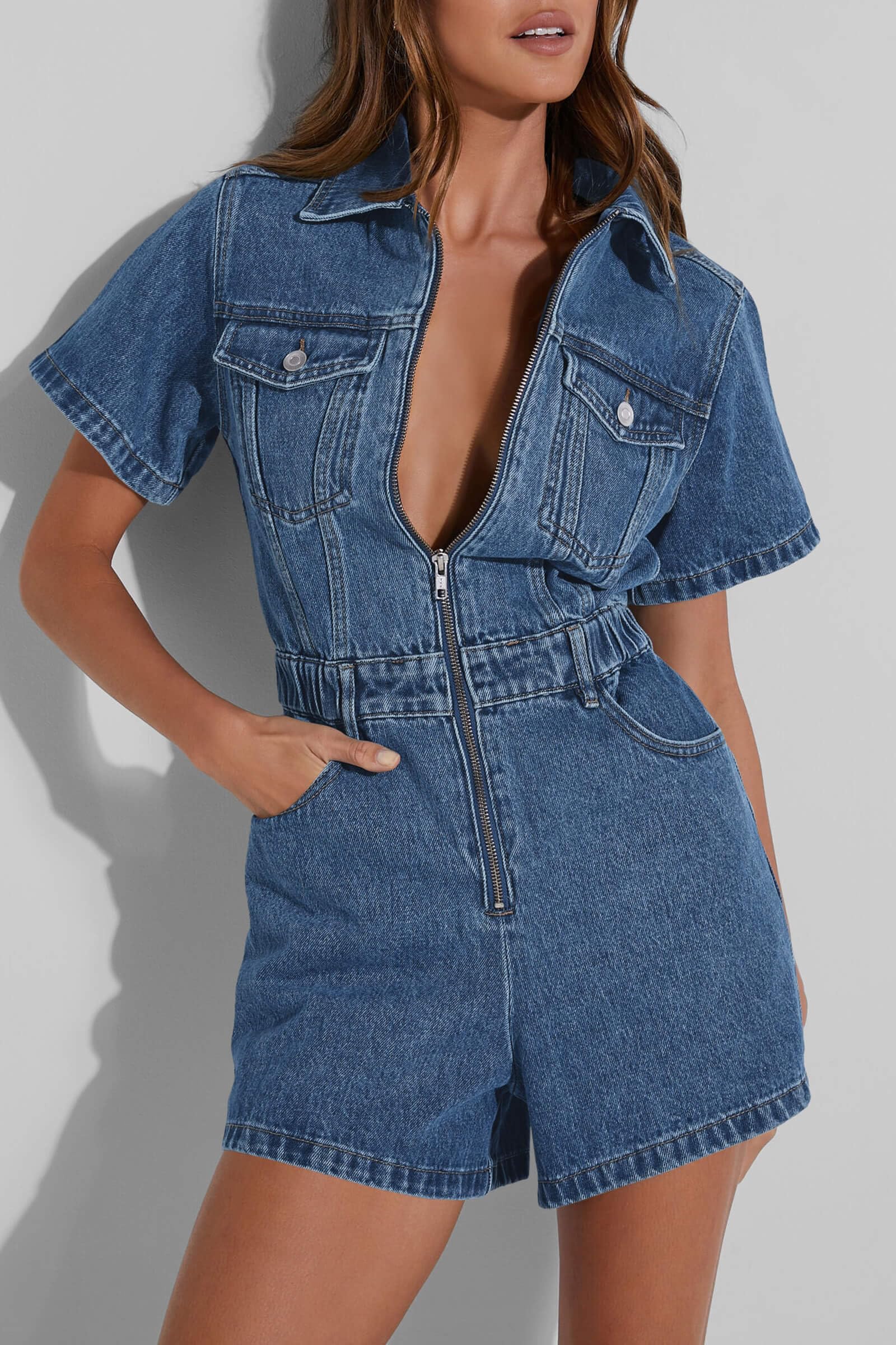 PLNOTME Women's Summer Denim Romper - Short Sleeve Zip Up Jumpsuit with Utility Pockets | Casual Outfit for Beach, Vacation & Outdoor Activities