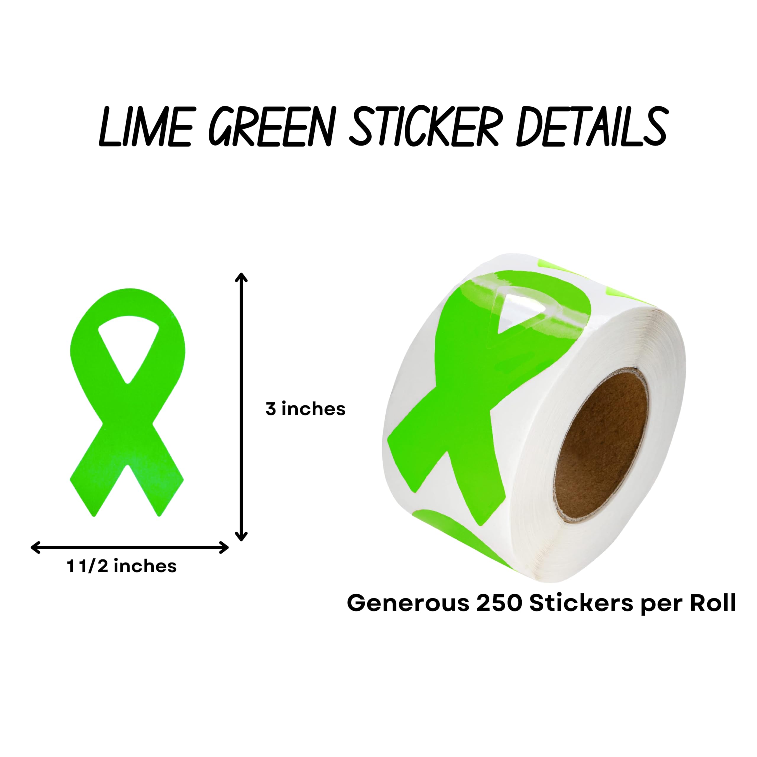 250 Large Lime Green Ribbon Stickers - Self-Adhesive Awareness Stickers for Cancer Fundraisers, Events & Causes - Perfect for Car Bumpers, Laptops & Water Bottles