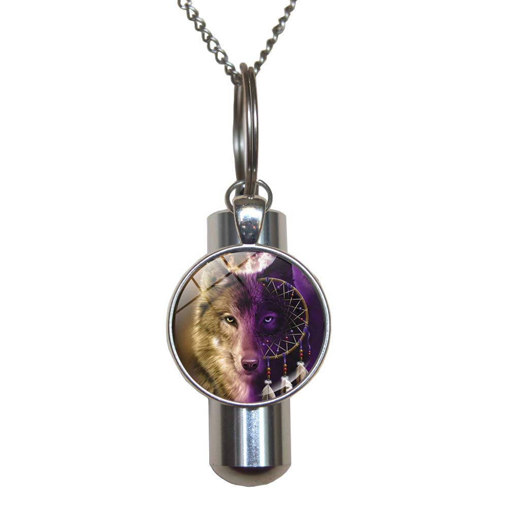 Wolf Dreamcatcher Cremation Urn Necklace - Handmade Glass Art Memorial Jewelry for Pet Ashes - Wolf Spirit Animal Keepsake Pendant for Grieving, Remembrance & Spiritual Healing