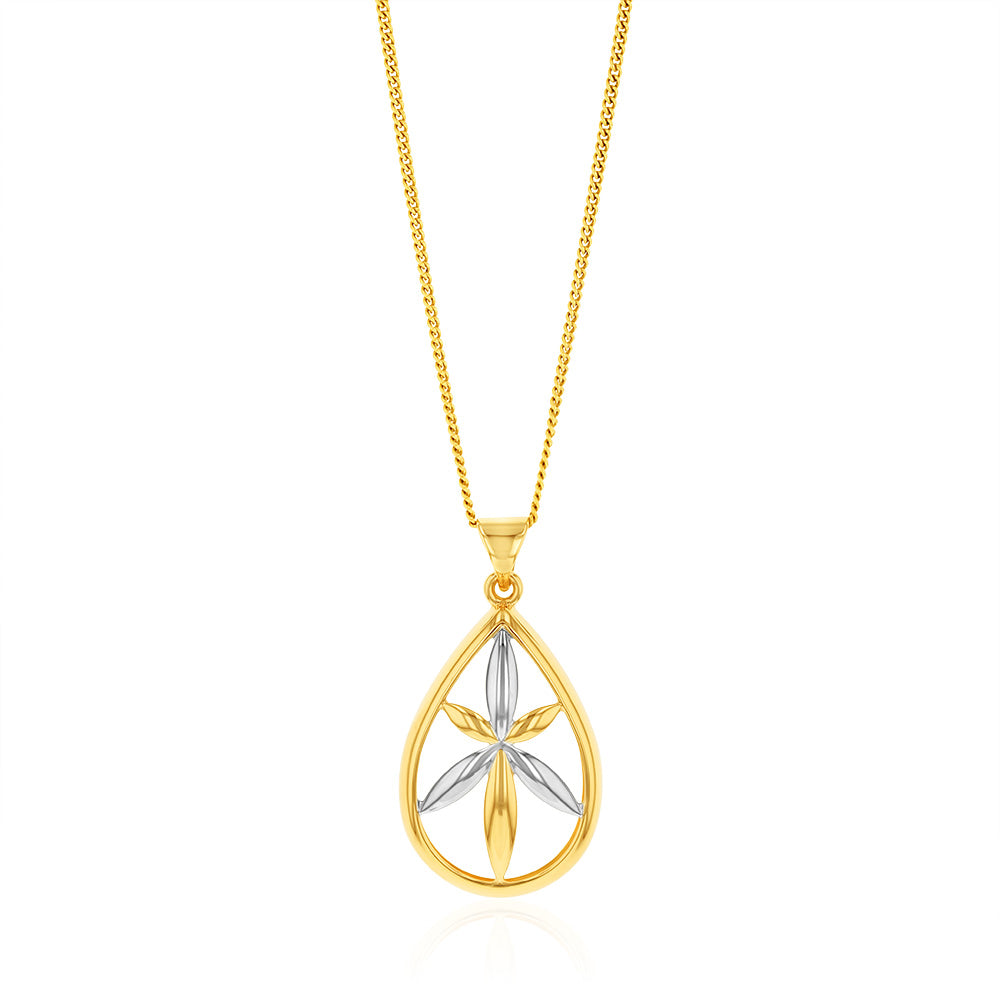 9ct Yellow & White Gold Pear-Shaped Flower Pendant Necklace - Elegant Jewelry for Women, Perfect for Weddings, Anniversaries & Special Occasions
