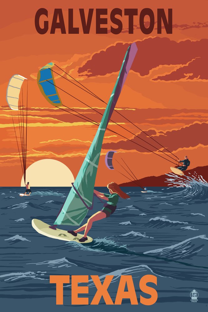 Lantern Press Galveston Texas Windsurfers Sunset Wall Art - 16x24 Wrapped Canvas Print for Beach House Decor, Coastal Living Room & Office Wall Decor - Perfect Gift for Surfing Enthusiasts