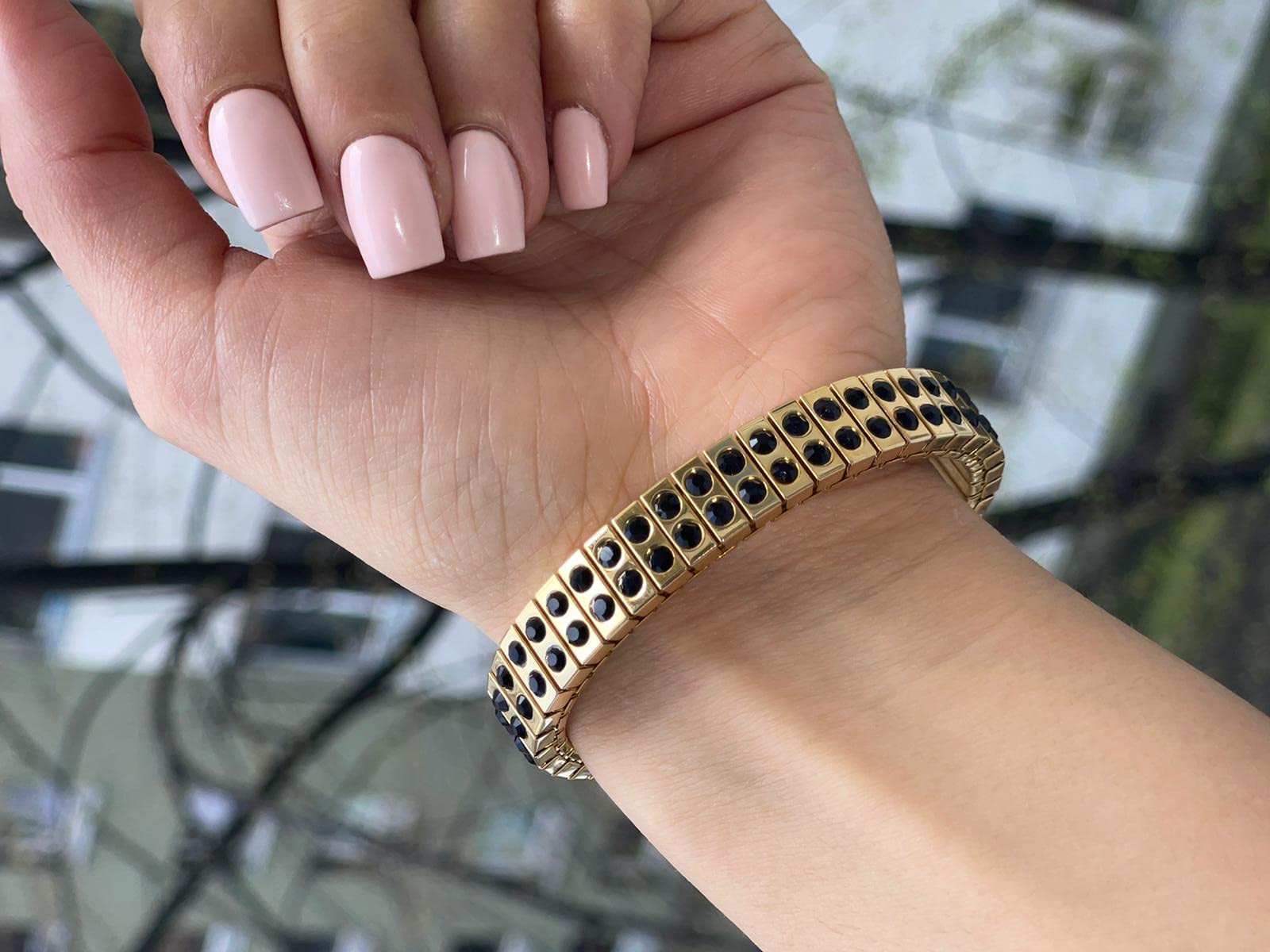 2ct Handmade Black Onyx Stretch Bracelet for Women - Artisan Onyx Gemstone Bangle, 24k Gold Plated, Elegant Formal Jewelry Gift for Mom, Mother of the Bride, Wedding Party - Perfect for Evening Events, Special Occasions & Gift Giving