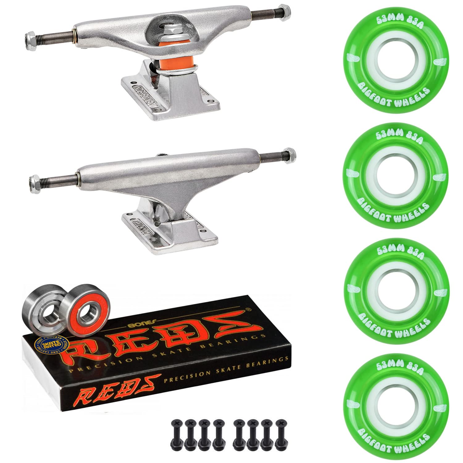 Premium Independent Skateboard Trucks Kit - Includes Bigfoot 53mm Soft 83A Wheels, Bones Reds Bearings, 1