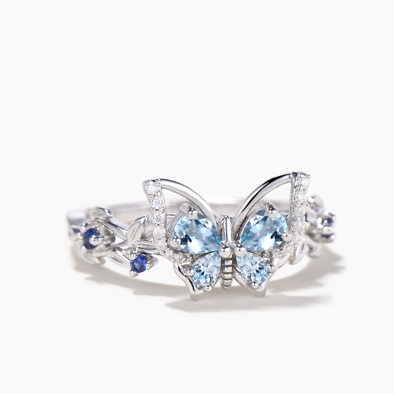 Natural Pear Cut Aquamarine Butterfly Wedding Ring with Diamond & Sapphire Accents - Nature Inspired Bridal Jewelry for Engagement, Anniversary & Romantic Occasions