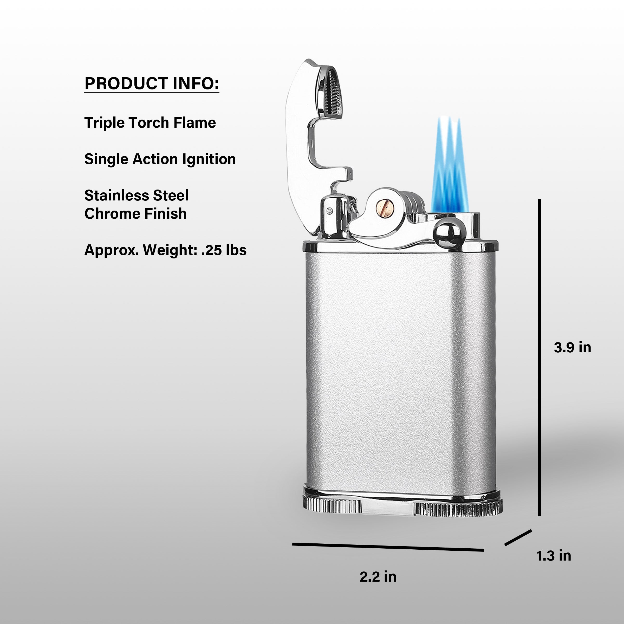 Visol Retro Butane Torch Lighter - Triple Flame Refillable Windproof Lighter with Built-in Cutter & Detachable Poker, Adjustable Flame for Cigars, Candles, Cooking & Outdoor Use (Silver & Chrome)
