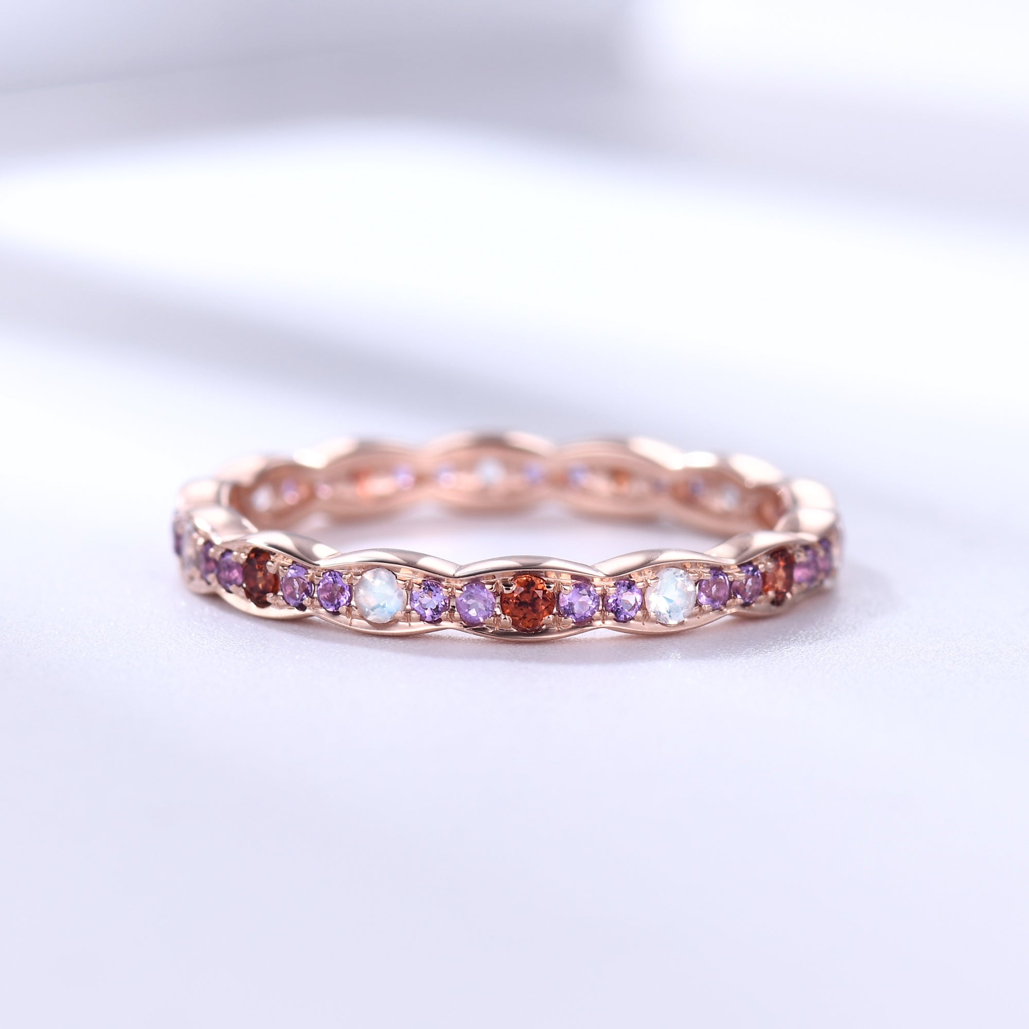 Moonstone Garnet Amethyst Rose Gold Wedding Band - Full Eternity Ring for Women - Perfect for Engagement, Anniversary & Bridal Jewelry Gifts