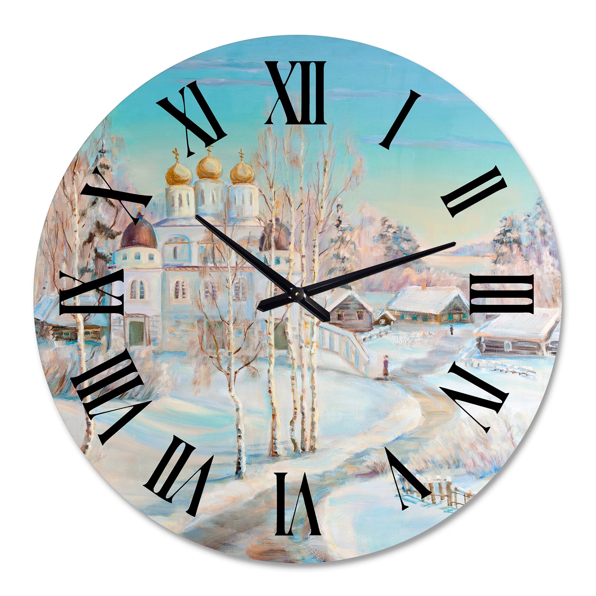 DesignQ Traditional Large Wall Clock - Winter Country Road & Temple Landscape Art for Living Room, Bedroom, Office Decor | Perfect for Home, Office & Gift Giving