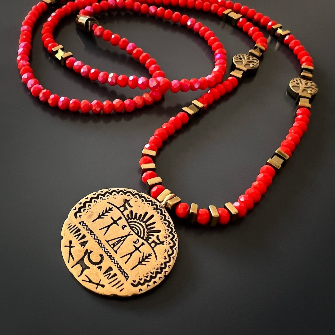 Powerful Shaman Symbol Pendant Necklace with Red Beads - Spiritual Protection & Healing Jewelry for Meditation, Rituals and Energy Work