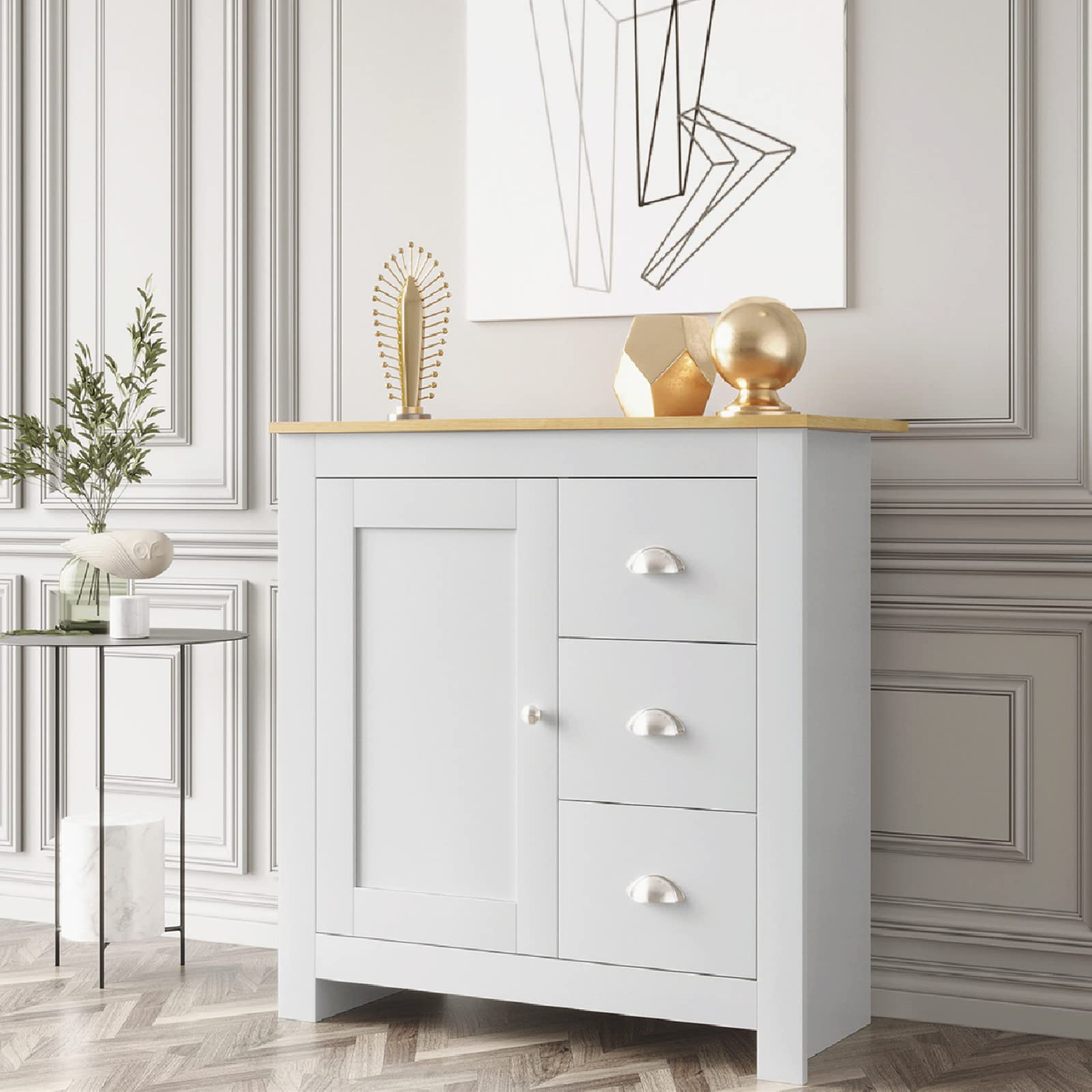 Modern Grey Kitchen Sideboard Buffet Cabinet with 3 Drawers & Door - Coffee Bar Storage Cupboard for Dining Room, Hallway & Living Room | Perfect for Organizing Dishes, Glassware & Entertaining Essentials