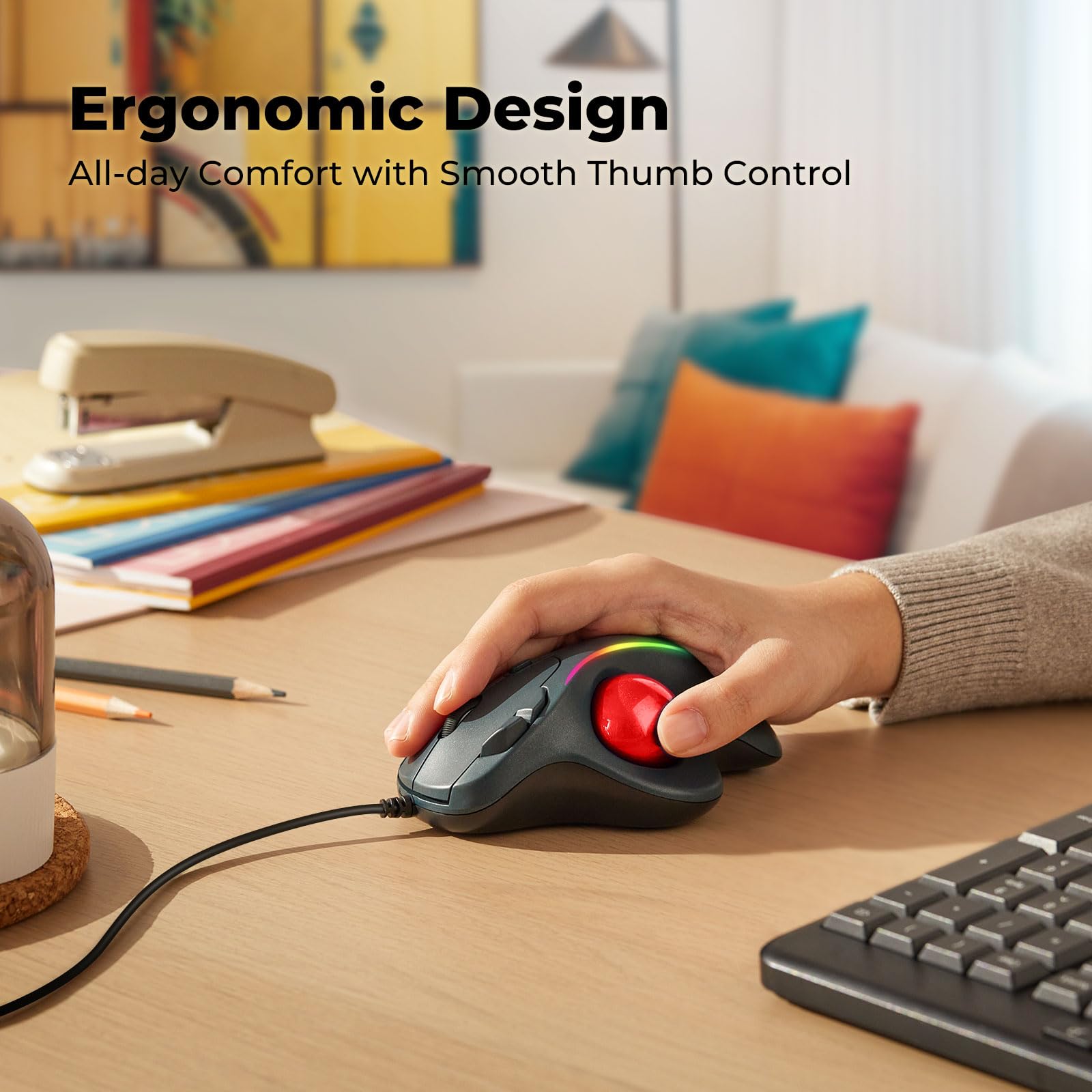 RGB Wired Trackball Mouse - Ergonomic Comfort Design Reduces Wrist Strain, Thumb Control with 5 Adjustable DPI (800-4000) for Precise Tracking - Compatible with PC, Laptop, Mac (Windows/macOS) - Perfect for Gaming, Office Work & Graphic Design