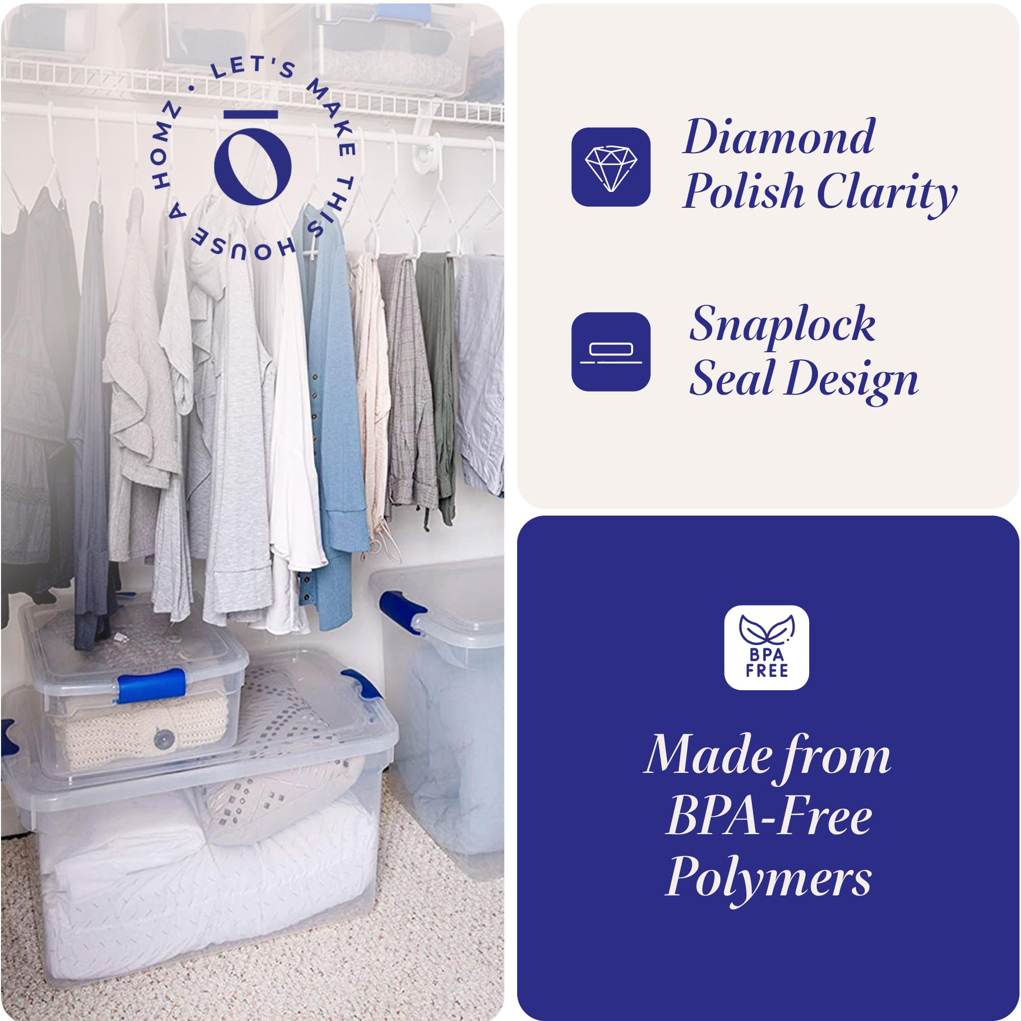 HOMZ 12-Pack Clear Plastic Storage Bins with Lids - 15.5 Quart Organizing Containers with Blue Latches | Perfect for Pantry, Closet, Garage & Toy Organization