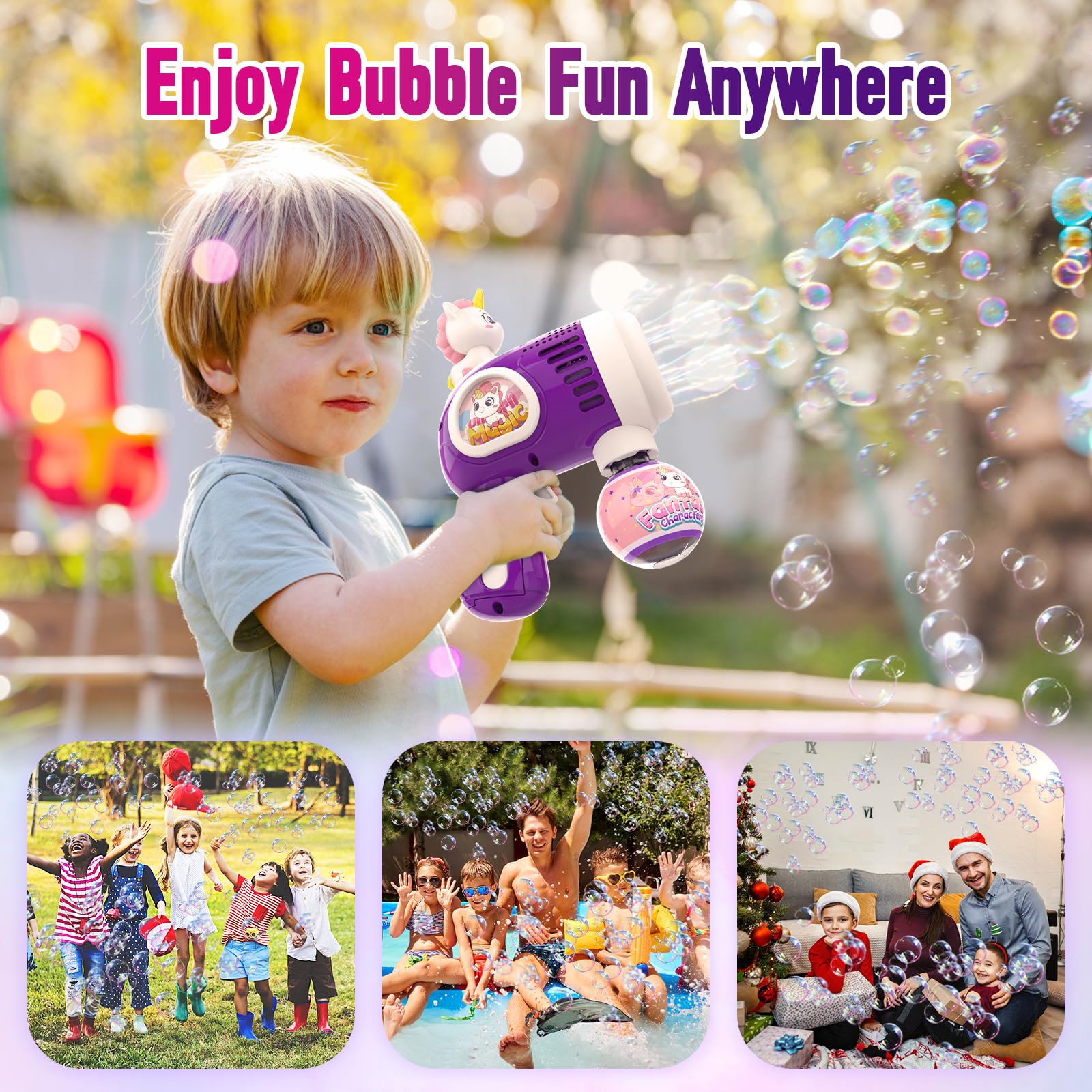 LED Unicorn Bubble Blaster Gun for Kids - 2 Pack with 2 Bottles & 10 Bags Refill Solution, Light Up Bubble Machine Toy for Toddlers Boys Girls - Perfect Birthday Gift, Children's Day & Party Favors | Outdoor Play, Backyard Fun, Birthday Parties & Summer Activities
